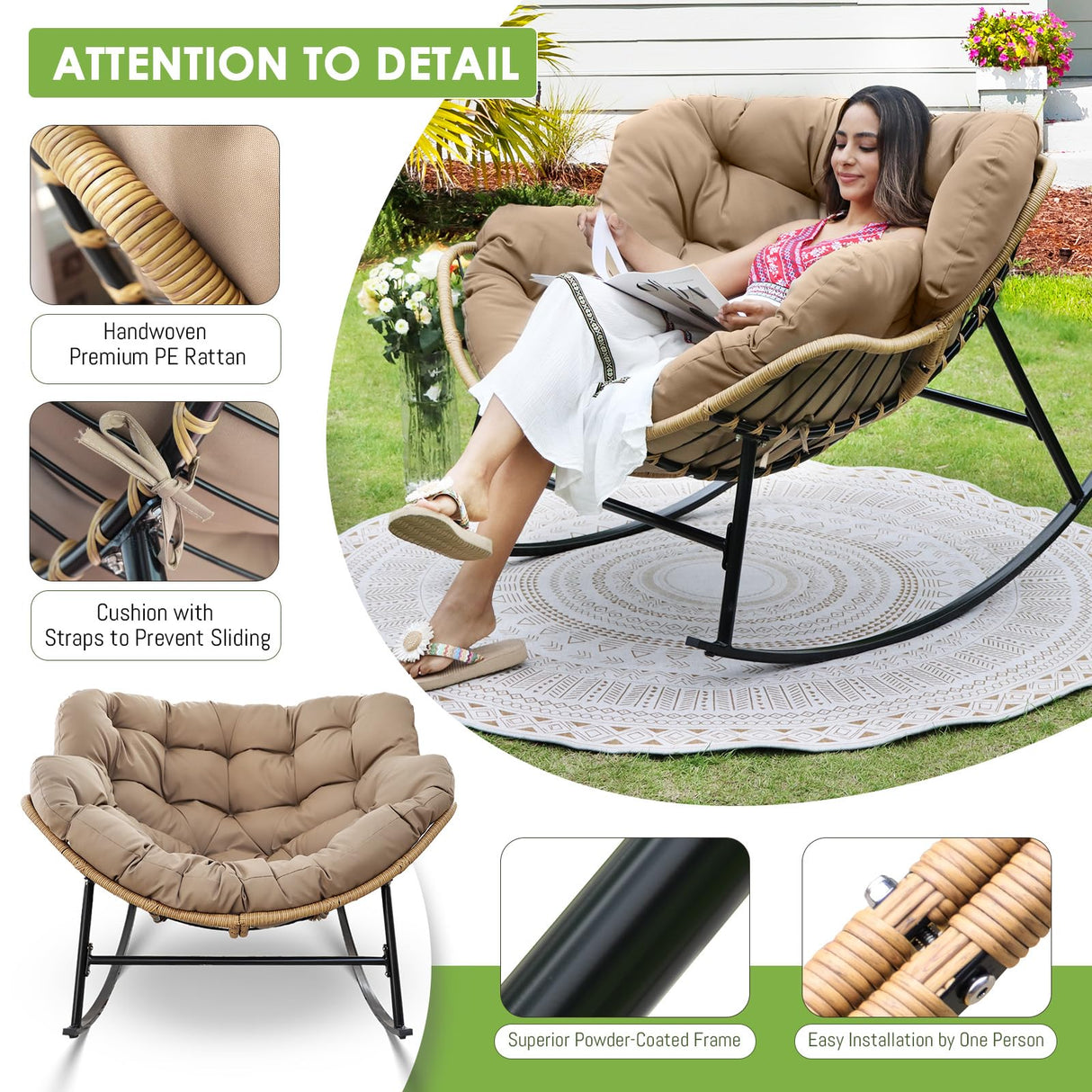 RADIATA Rocking Egg Chair with Thicken Cushion, Indoor Outdoor Oversized Rocker Lounge Chair, Water Resistant Cushion Cover, Metal Frame 450 lbs Weight Capacity, for Patio, Porch, Garden, Bedroom RADIATA