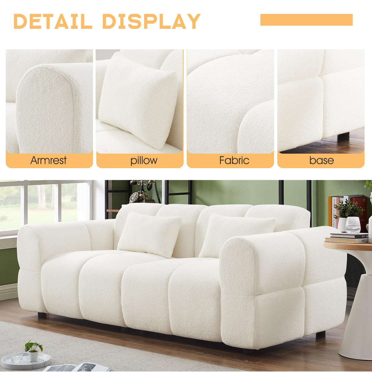 PINSOLID 80" Modern Sofa Couch, Comfy Deep Seat Lambswool Cloud Sofa, Upholstered 3-Seater Boucle Couch, Oversized Loveseat for Living Room, Bedroom, Office, Apartment(White) PINSOLID