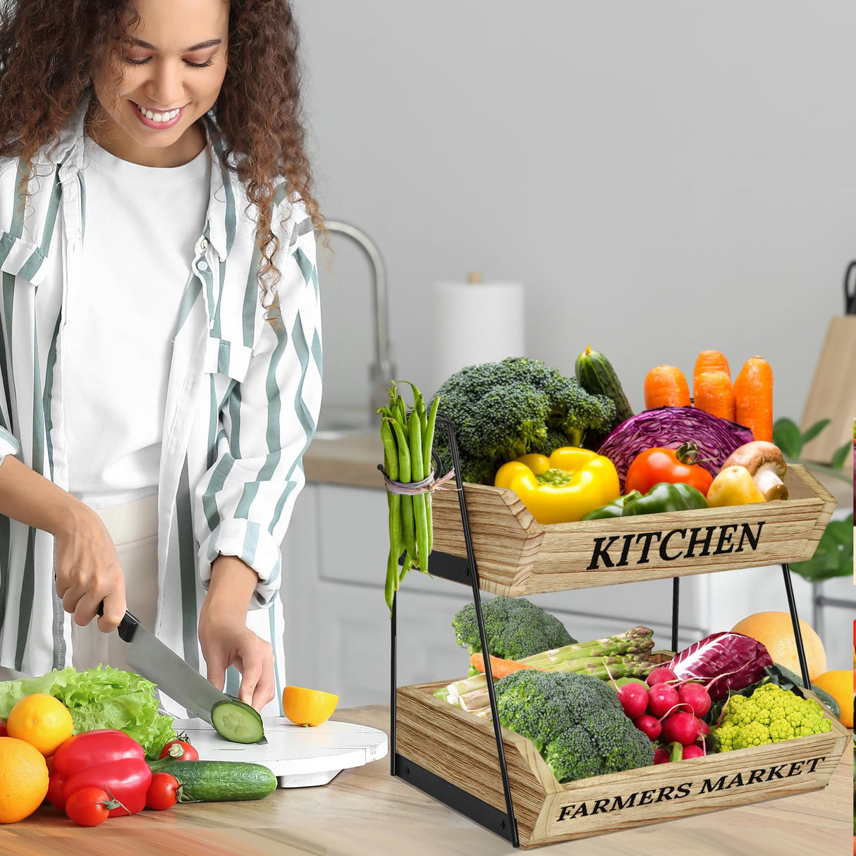 Esbainia Fruit Basket for Kitchen Countertop, 2 Tier Fruit Bowl with 3 Banana Hangers, Large Capacity Fruit Stand Storage Holder, Wooden Basket for Fruit Vegetables Snack, Kitchen Organizer Decor Esbainia