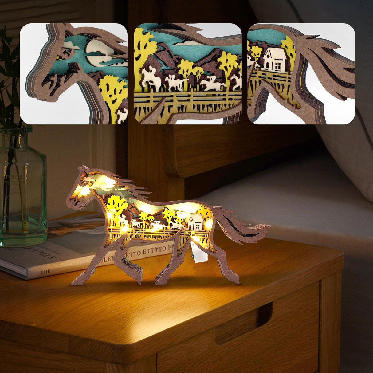 Drawelry 3D Wood Carving Animals Lamp - Creative Bear Elk Wooden Sculpture Ornaments Home Living Room Office Decorative Warm LED Night Light Christmas Birthday Gifts for Friend Son Dad (Horse) Drawelry