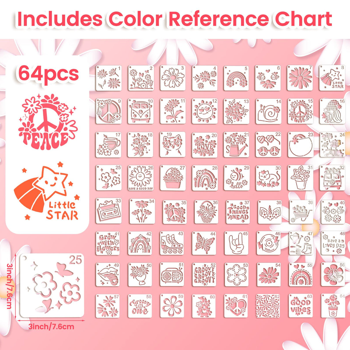 64 pcs Small Stencils for Crafts, Reusable 3 Inch Stencils, Including Flower Plant & Butterfly Patterns, DIY Craft Paint Great Templates for Painting on Wood, Fabric, Wall, Rock & Home Decor KFHENSOMR