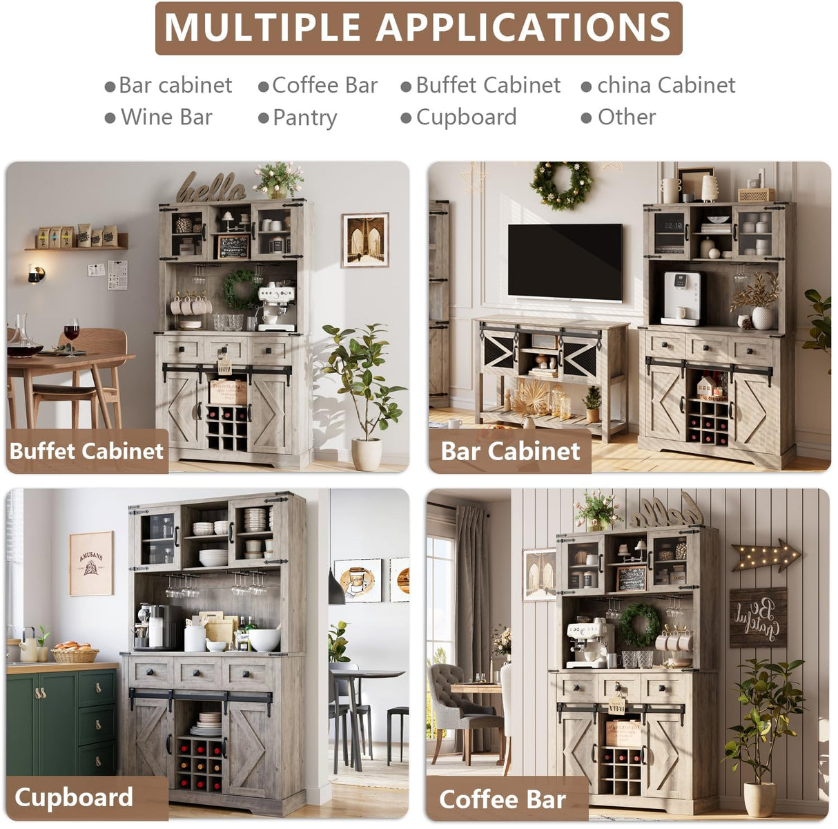 72" Farmhouse Bar Cabinet with Sliding Barn Door, Tall Kitchen Buffet with Storage Hutch and 3 Drawer, Rustic Coffee Wine Bar Sideboard with Wine & Glasses Rack, for Living Room, Washed Grey GarveeHome