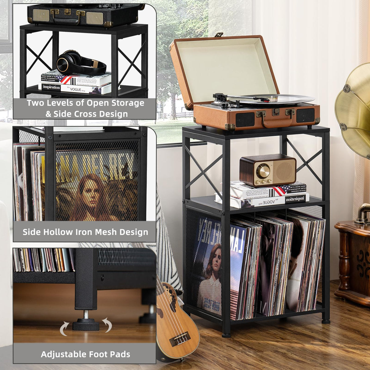 LELELINKY 3 Tier End Table, Side Table with Display Shelf, Black Vinyl Record Player Stand with Albums Storage, Industrial Sofa Bedside Table Night Stand for Living Room Bedroom Small Spaces LELELINKY