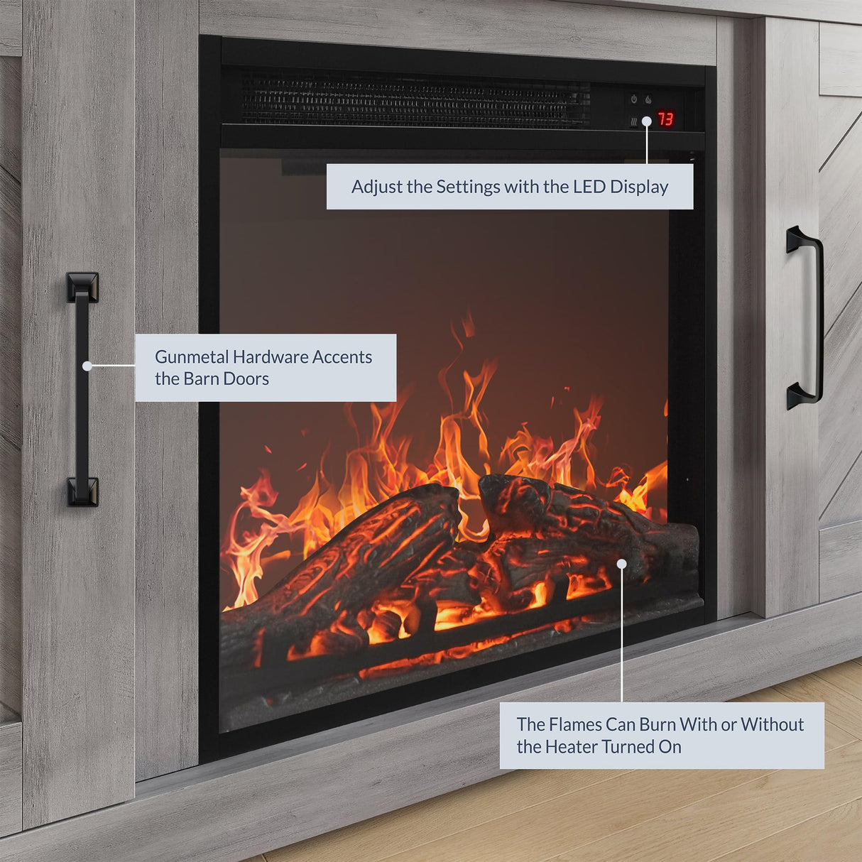 BELLEZE Modern 58" Farmhouse TV Stand with 18" Electric Fireplace Heater & Media Entertainment Center for TV up to 65", Console Table with Storage Cabinets - Hilo (Grey Wash) BELLEZE