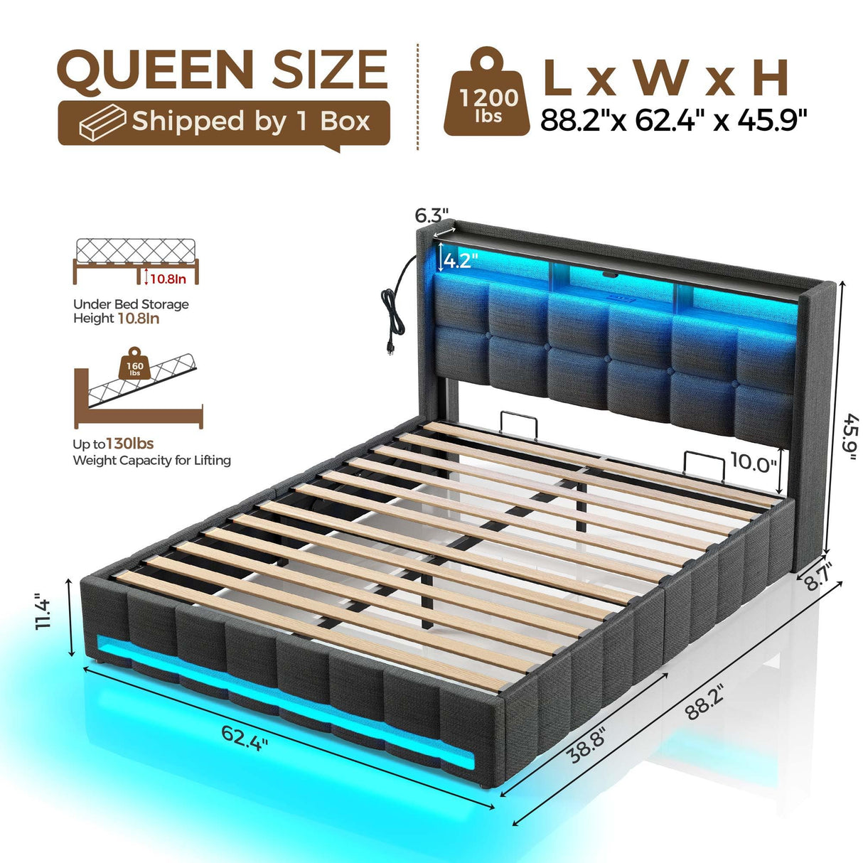 Rolanstar Bed Frame Queen Size with Lift Up Storage, Charging Station & LED Lights, Upholstered Storage Headboard, Heavy Duty Wooden Slats, No Box Spring Needed, Noise Free, Easy Assembly, Dark Grey Rolanstar