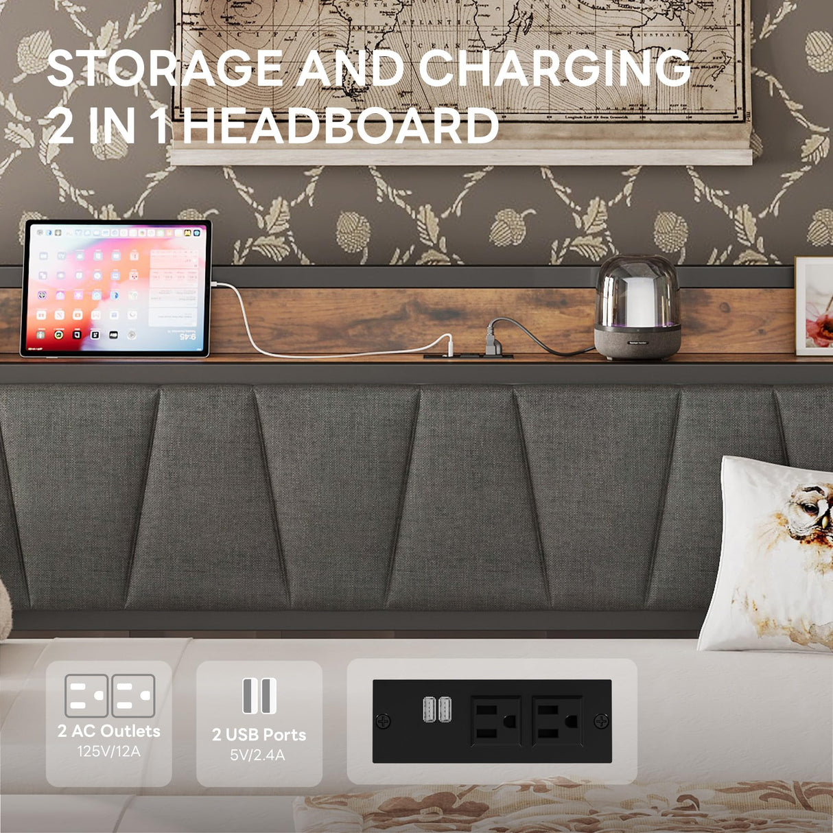 LIKIMIO Daybed with Trundle Bed, Twin Bed Frame with Storage Headboard and Charging Station, Sofa Day Bed with Strong Supports for Living Room, Bedroom, and Guest Room, Grey LIKIMIO