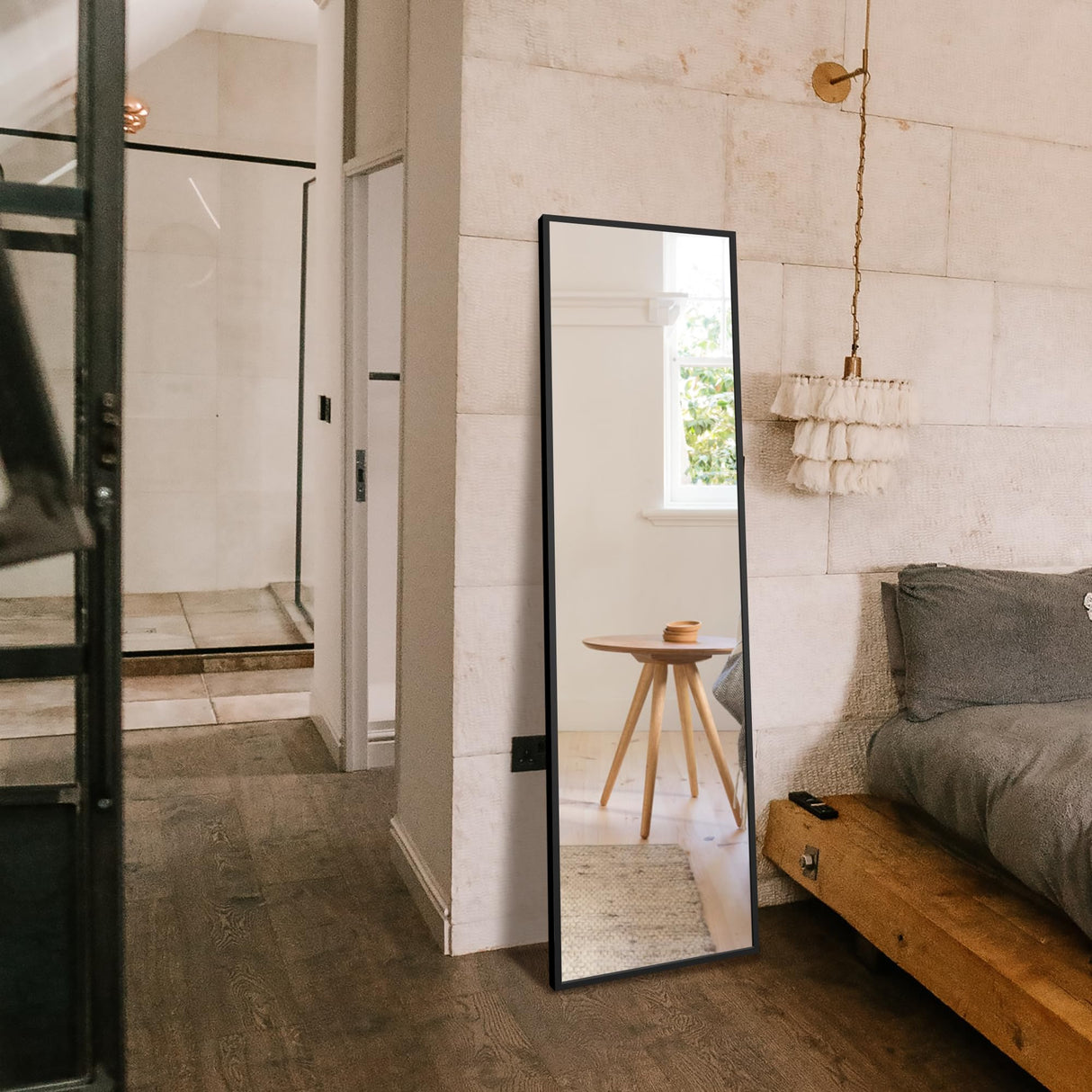 Delma Wall Mirror Full Length Mirror,Standing Mirror Full Body,Large Floor Mirror for Wall Door Bedroom Bathroom Living Room with Aluminium Frame(with Stand,56x15-Black) Delma