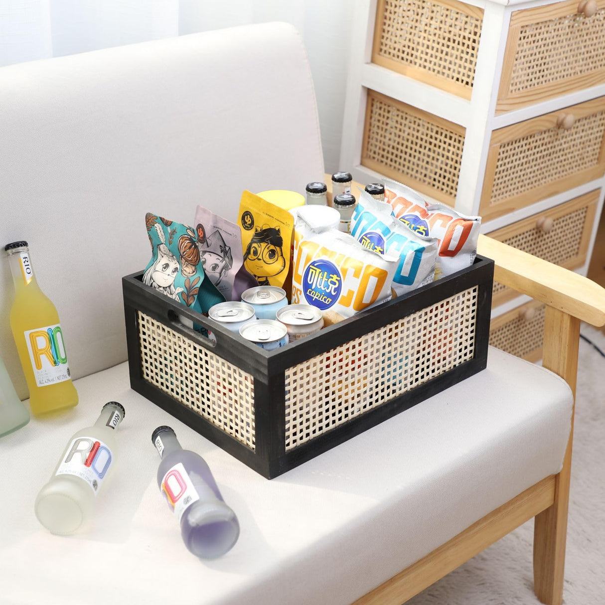 SHCMSADO Wooden Frame Storage Basket, Decorative Organizer Crates Box with Built-in Handle,Natural Wire Wood Nesting Drawer Storage for Kitchen, Bathroom and Office Desktop-(15" Lx11 Wx6.3 H-Black) SHCMSADO
