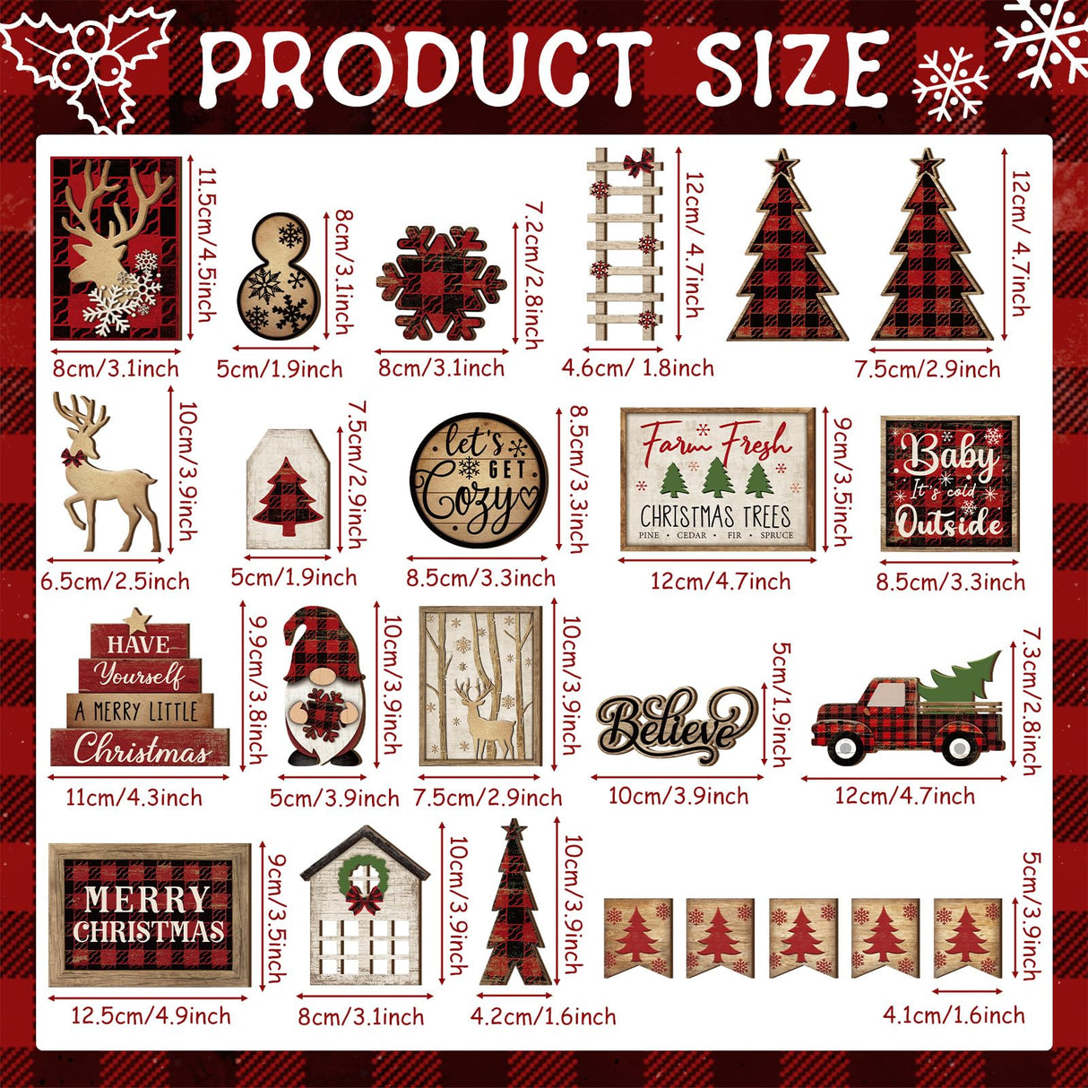 Shellwei 24 Pcs Christmas Tiered Tray Decor Wood Rustic Christmas Decoration for Home Table Shelf Christmas Winter Farmhouse Decor Xmas Trees Gnome Elk Snowflake Wooden Signs Buffalo Plaid Table Decor Shellwei