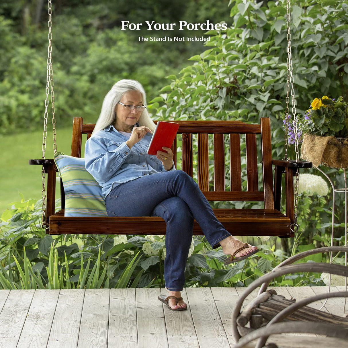 VINGLI Upgraded Heavy Duty 880 LBS 4 FT Patio Wooden Porch Swing Solid Fir Wood, Outdoor Handing Swing Bench for Garden | Yard | Balcony | Tree, Rustic VINGLI