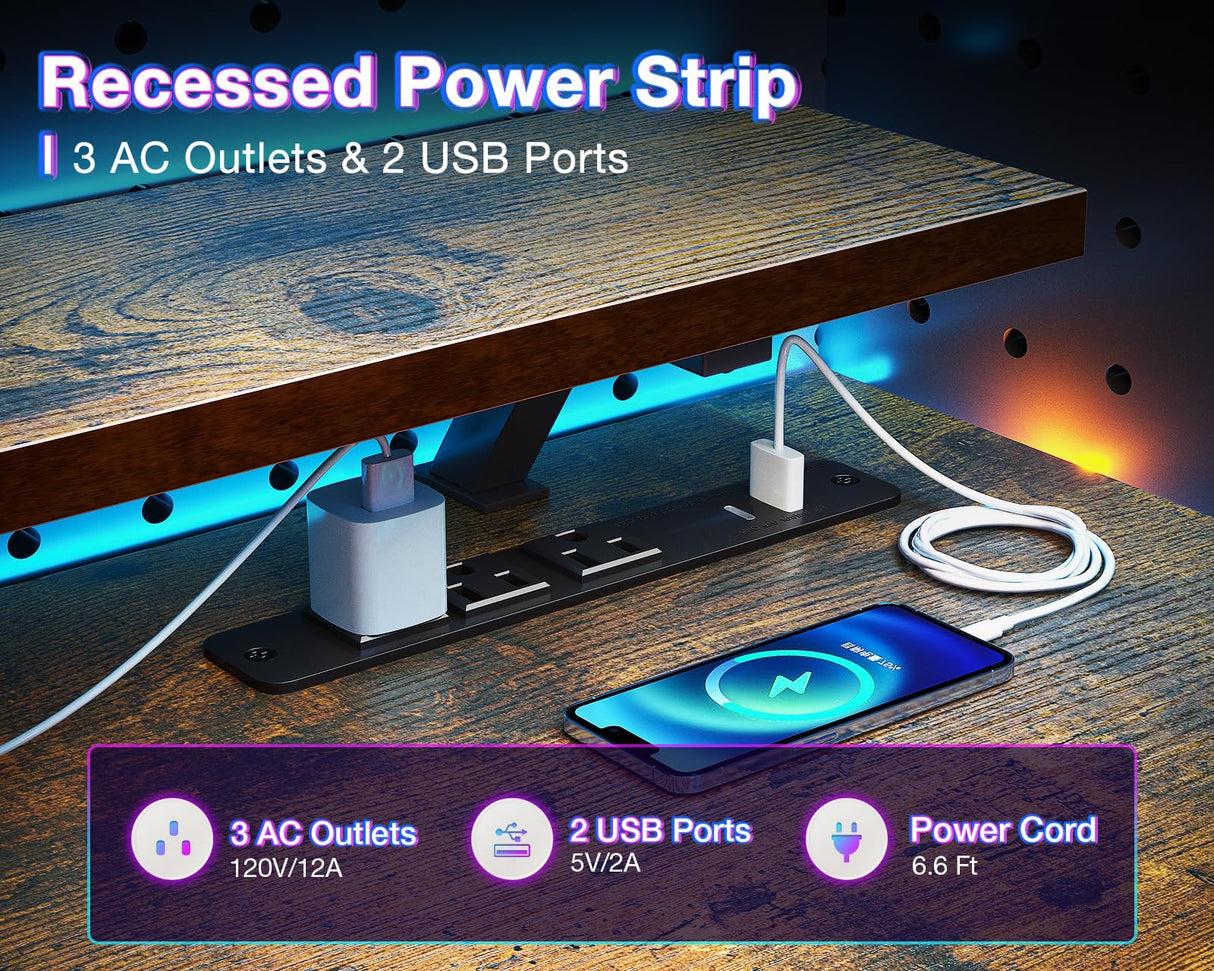 ODK Reversible Gaming Desk with Power Outlets and LED Lights, 48 Inch Computer Desk with Storage Shelves and Monitor Stand, Modern Writing Study Desk for Home Office, Rustic Brown ODK