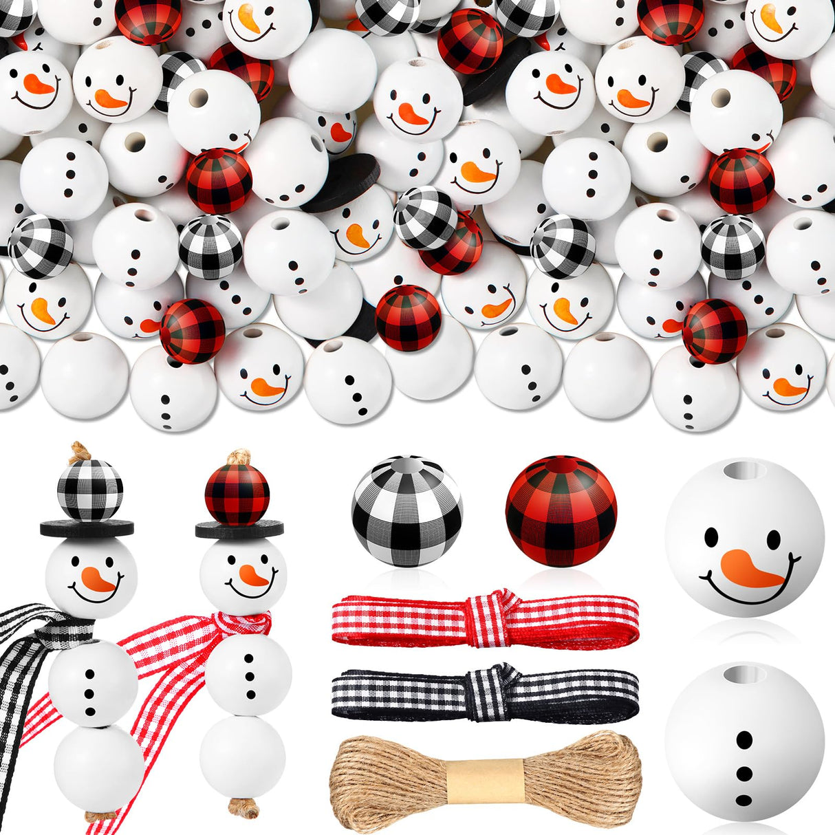 Landical 180 Piece DIY Christmas Snowman Wooden Bead Crafts Christmas DIY Ornaments Red Black Buffalo Plaid Wood Round Bead Xmas Print Wooden Beads with Twine Scarf for Crafts Landical