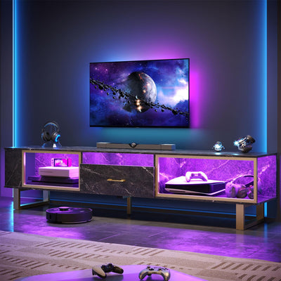 Bestier 80 Inch TV Stand for 65/75/85/90 Inch TVs, LED Gaming Entertainment Center with Open Storage and Half-Glass Design Drawer, Modern High Gloss Media Console for Living Room Bedroom, Black Marble
