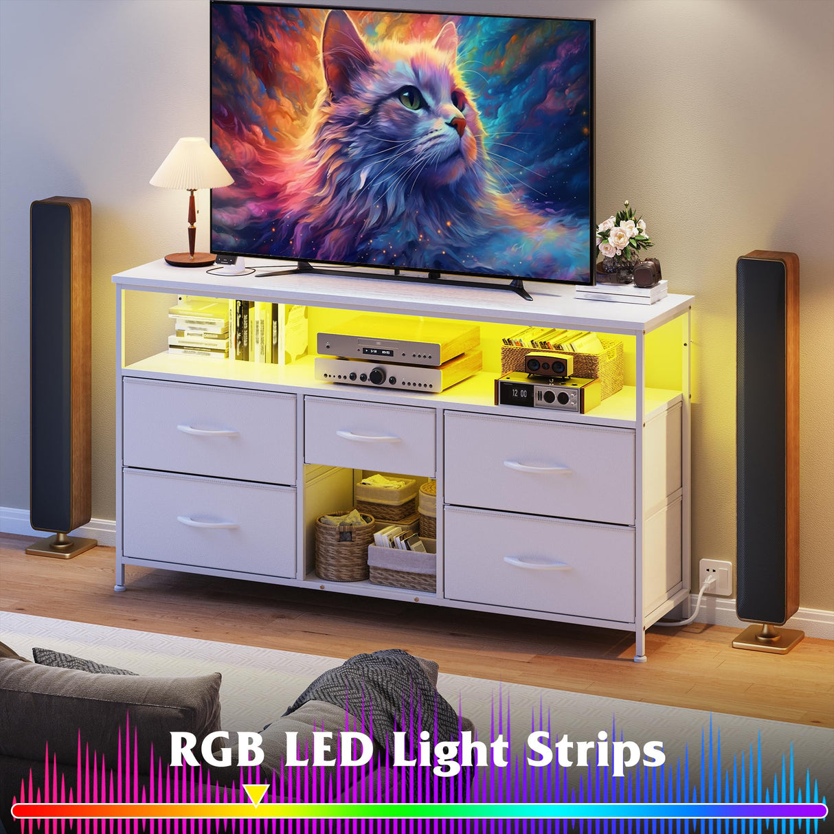 TV Stand Dresser with LED Lights & Power Outlets, Entertainment Center for 50" Inch TV, 5 Drawers TV Stand for Bedroom Dresser with Shelves for Living Room, Sturdy Metal Frame, White EnHomee