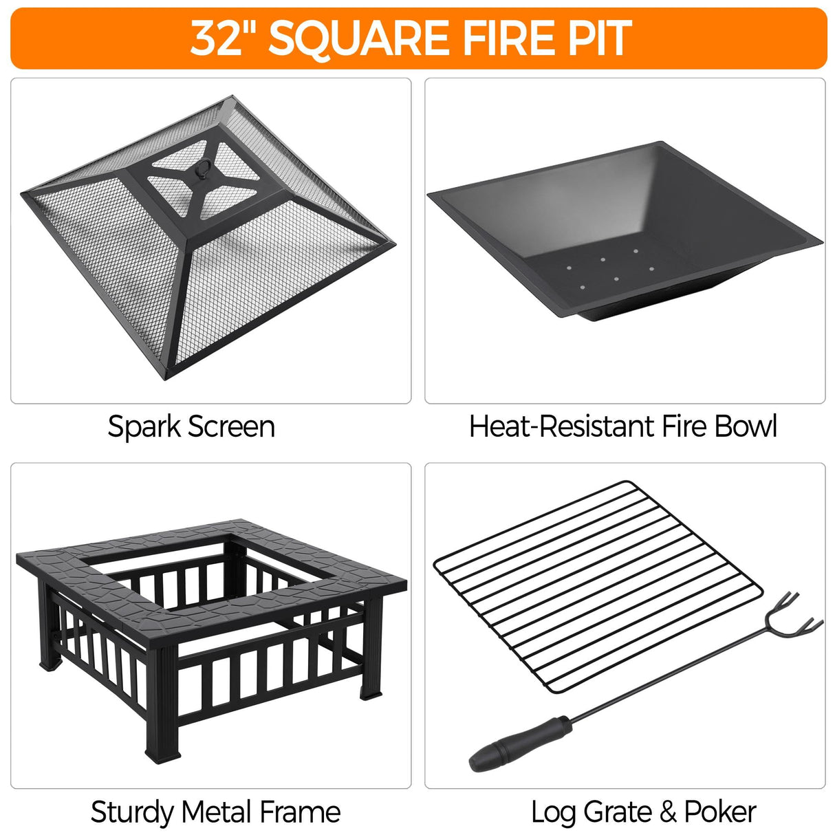Yaheetech Multifunctional Fire Pit Table 32in Square Metal Firepit Stove Backyard Patio Garden Fireplace for Camping, Outdoor Heating, Bonfire and Picnic Yaheetech