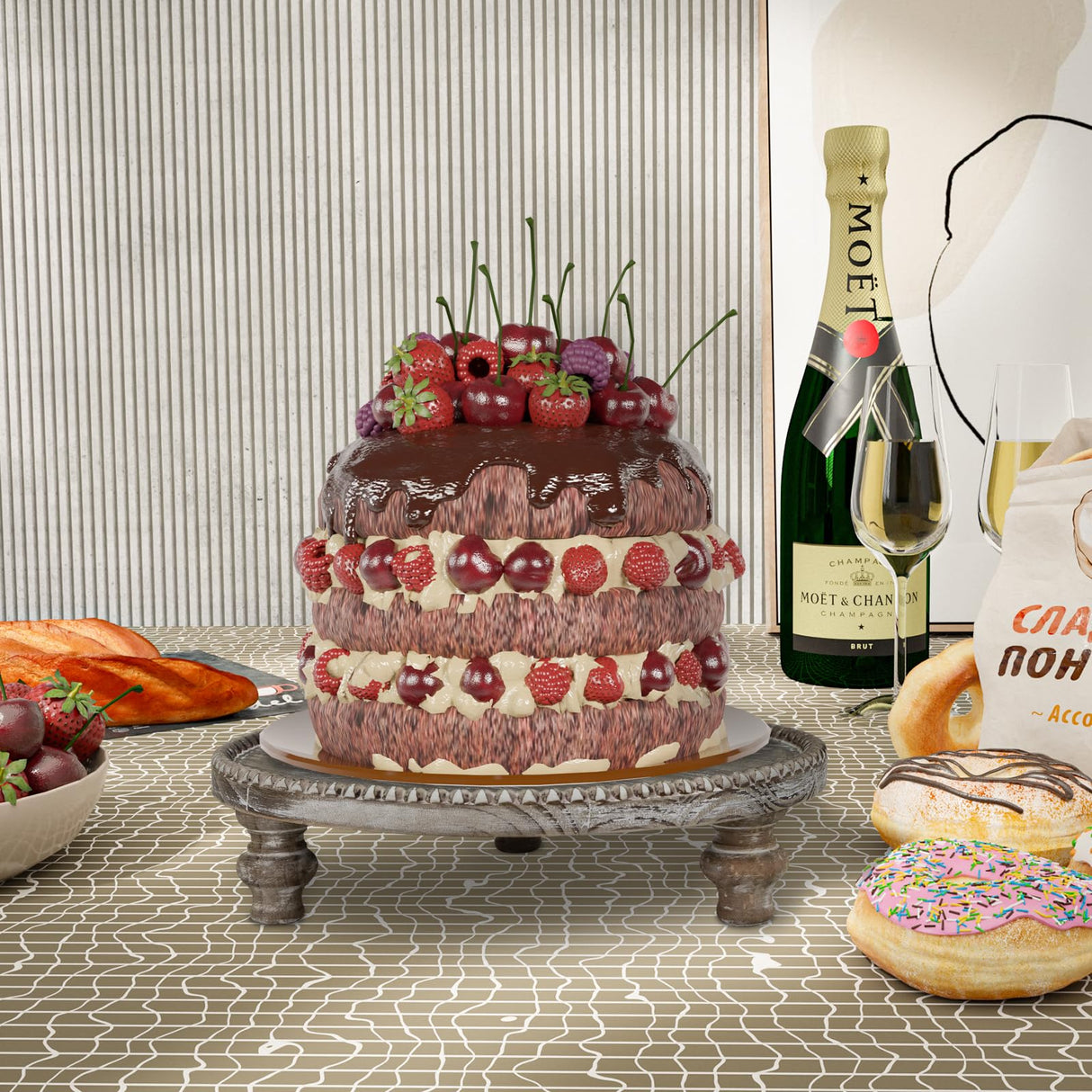 MAONAME Farmhouse Wood Riser for Display, Decorative Pedestal Stand for Kitchen Counter, Rustic Round Beaded Wooden Display Tray for Home Decor, Short and Tall Footed, 11.87 Inch MAONAME