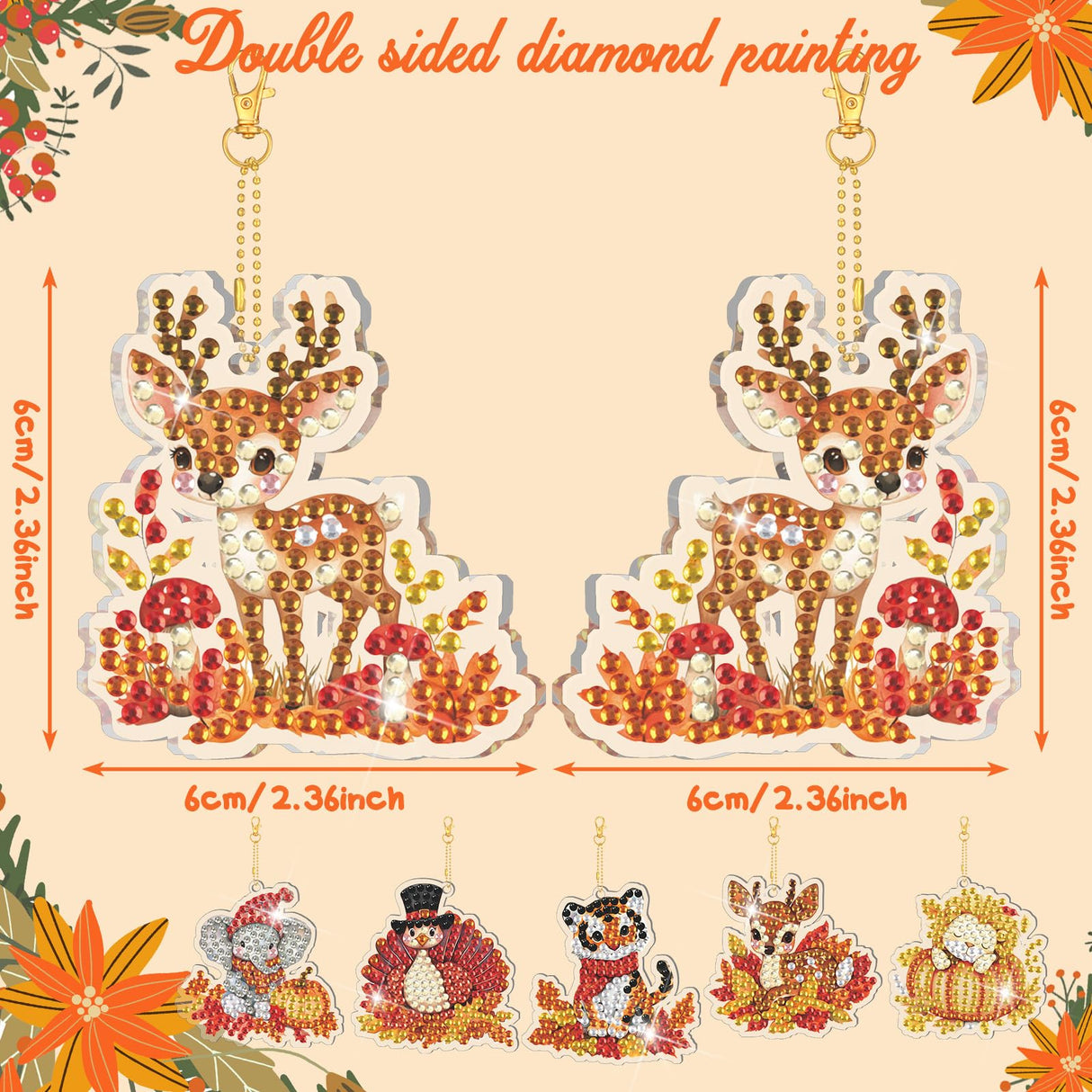 WILLBOND 30 Pcs Thanksgiving Diamond Art Keychain Kits DIY Double Sided Thanksgiving Animals Diamond Painting Keychain Ornaments for Adults Key Ring Art Pendant Fall Tree Decor WILLBOND