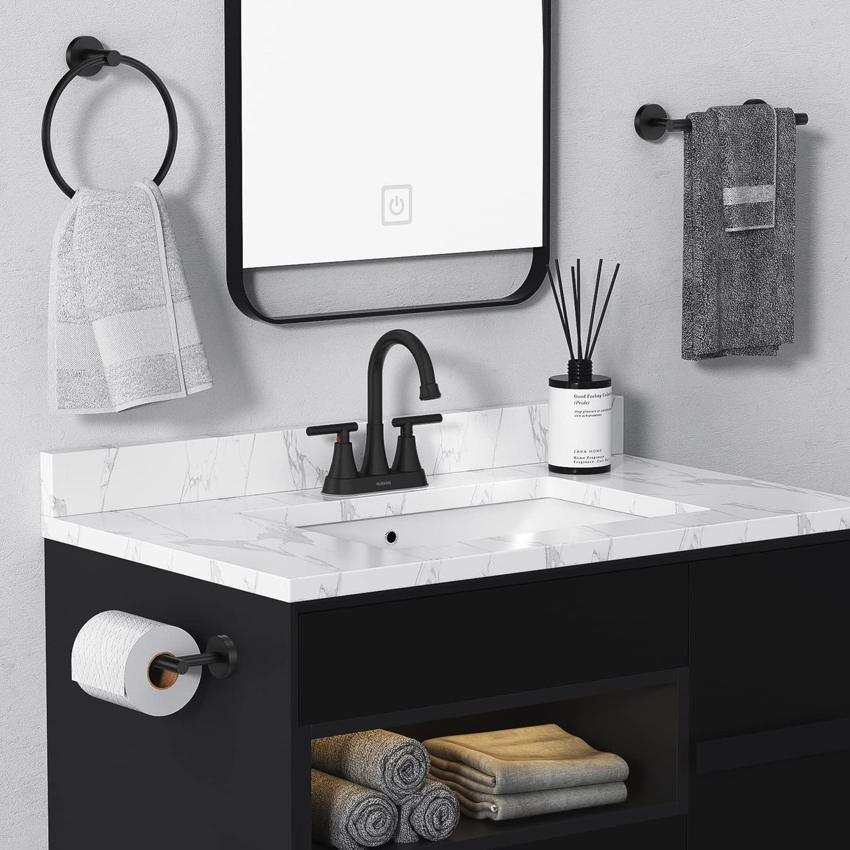 Bathroom Faucets for Sink 3 Hole, Hurran 4 inch Matte Black with Pop-up Drain and 2 Supply Hoses, Stainless Steel Lead-Free 2-Handle Centerset Faucet for Sink Vanity Hurran