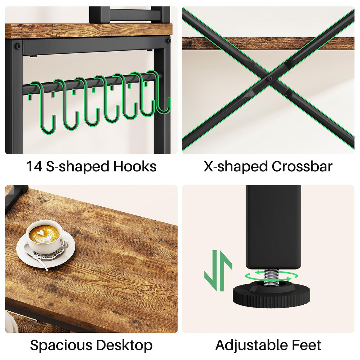 Baker Rack with Power Outlet - Microwave Stand with Storage, Large Coffee Bar Station with 14 Hooks, Metal Kitchen Shelf Rack for Spices, Pots, Rustic Brown and Black SNTD