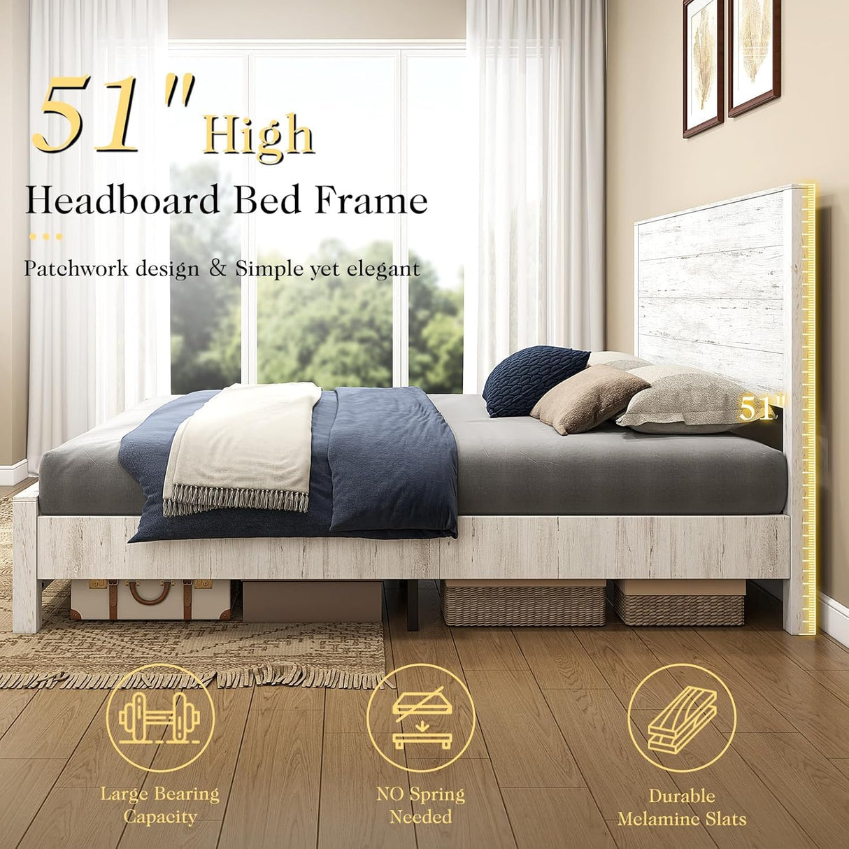 YUMPIE 51.2" H Wood Bed Frame with Headboard, King Platform Bed Frame with Wooden Slat Support, No Box Spring Needed/Easy Assembly, Rustic Pine, Distressed White YUMPIE
