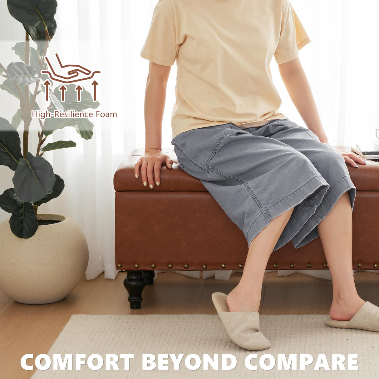 Dowiean 51.8’’ Storage Ottoman Bench, Faux Leather Ottoman with Storages, Window Benches Holds up to 330lbs, Upholstered Storage Bench for Bedroom, Living Room, Entryway and Family Room, Brown Dowiean