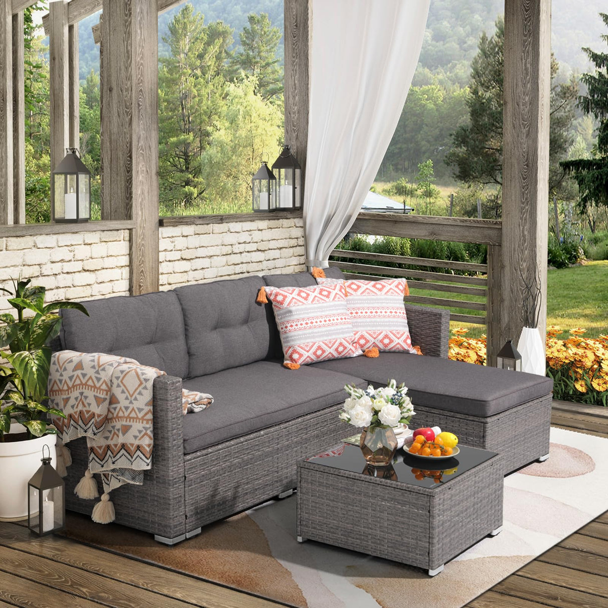 JOIVI Outdoor Patio Furniture Sets, 3-Piece All Weather Wicker Outdoor Conversation Set, Rattan Sectional Sofa Set, Patio Couch with Tempered Glass Table for Porch, Garden, Dark Gray JOIVI