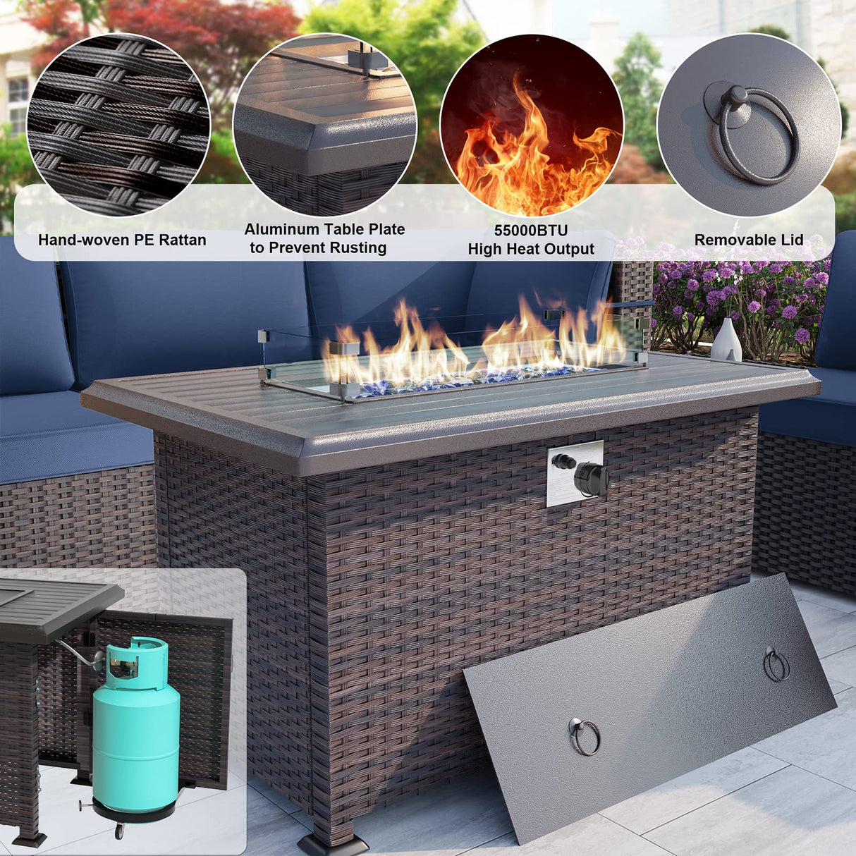 ALAULM 11 Pieces Patio Furniture Set with 2 Swivel Chairs Patio Furniture Outdoor Sectional Sofas with 55000 Gas Fire Pit Patio Conversation Set w/8 Cushions-Dark Blue ALAULM