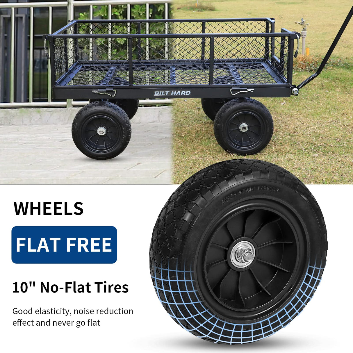 BILT HARD 880 lbs 10" Flat Free Tires Steel Garden Cart with 180° Rotating Handle and Removable Sides, Heavy Duty 4 Cu.Ft Capacity Utility Garden Carts and Wagons BILT HARD