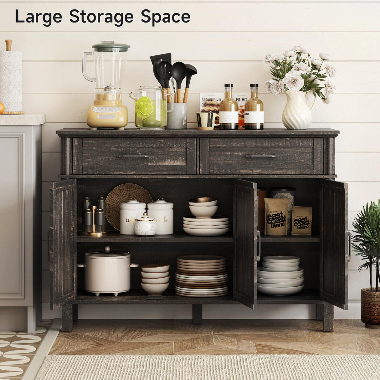 48 Inches Buffet Cabinet with Storage, Farmhouse Sideboard Buffet w/2 Drawers and 3 Doors, Wood Coffee Bar Cabinet with Adjustable Shelves, Sideboard Storage for Kitchen, Living Room, Rustic Brown ONBRILL