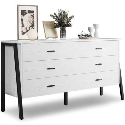 LIKIMIO 6 Drawer Double Dresser for Bedroom, 59" Chest of Drawers, White Dresser, TV Stand Large Storage Organizer Furniture in Living Room,Closet,Hallyway