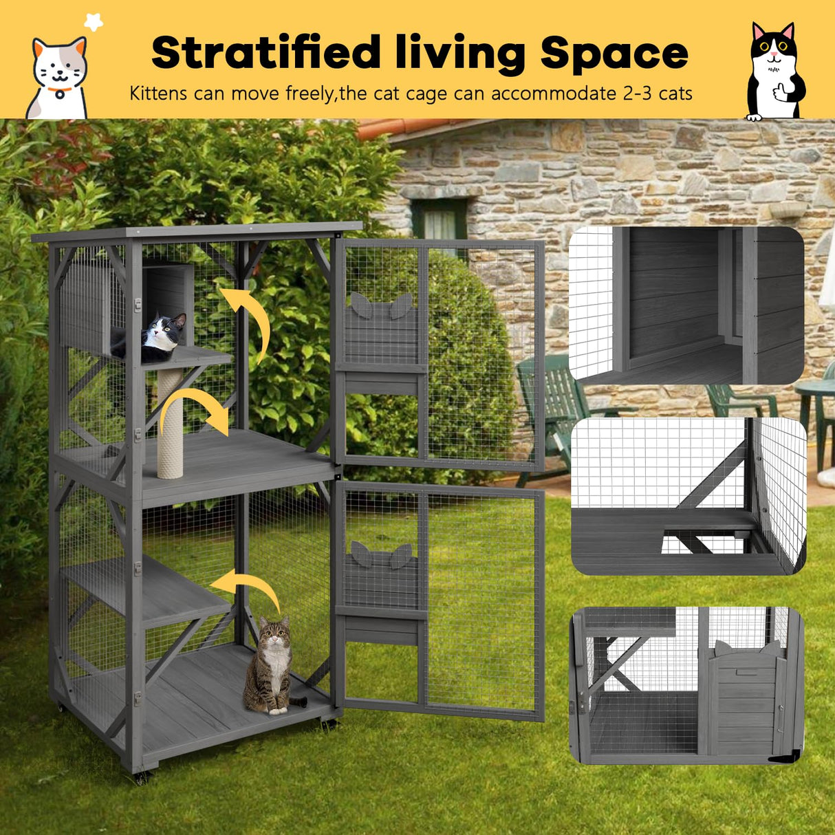 OFIKA Cat House Catio Outdoor Enclosure with Waterproof Roof,71'' cat House & Condos on Wheels for Outdoor Patio,Cat Window Box,Scratching Post(Grey) OFIKA