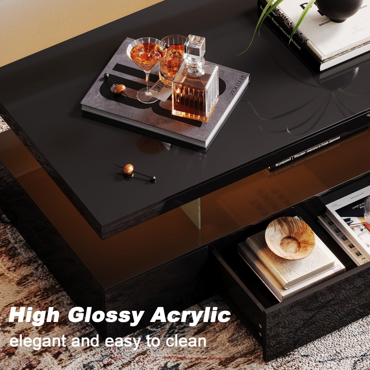 ChooChoo Modern LED Coffee Table, High Glossy Coffee Table with Drawer, Black Coffee Table with Storage for Living Room, Bedroom ChooChoo
