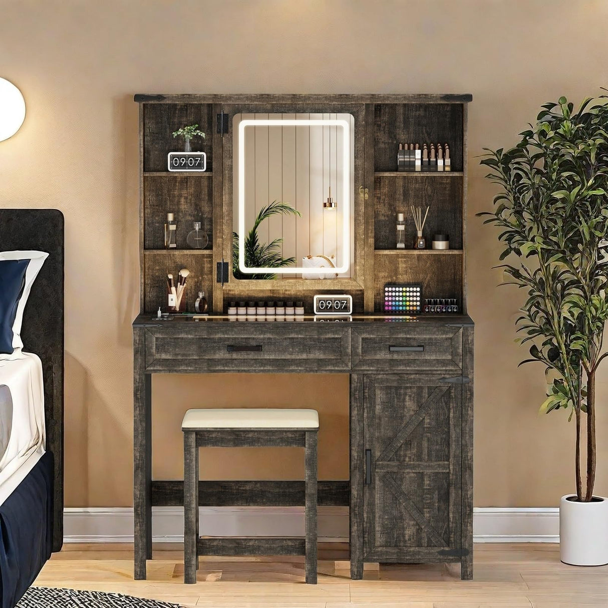 ChicFurnit Farmhouse Makeup Vanity,Vanity Desk with Glass Tabletop & 3 in 1 Charging Station,40'' Vanity Set with Human Body Sensing LED Lights & Hidden Jewelry Cabinet,Stool Included, Vintage Brown ChicFurnit