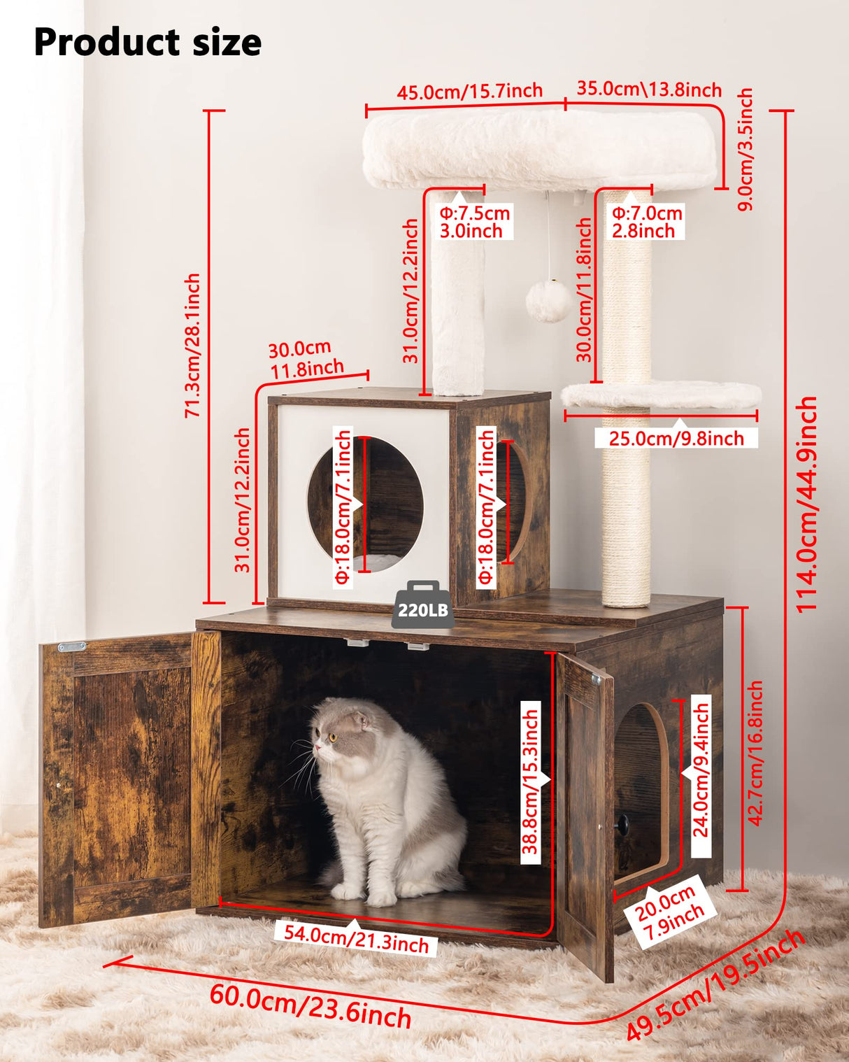 FourFurPets Multipurpose Litter Box Enclosure, Cat Tree and Condo, Side Table, with Large Platform, Cat House, Full Sisal Posts, Removable Washable Cushion, Rustic Brown FourFurPets