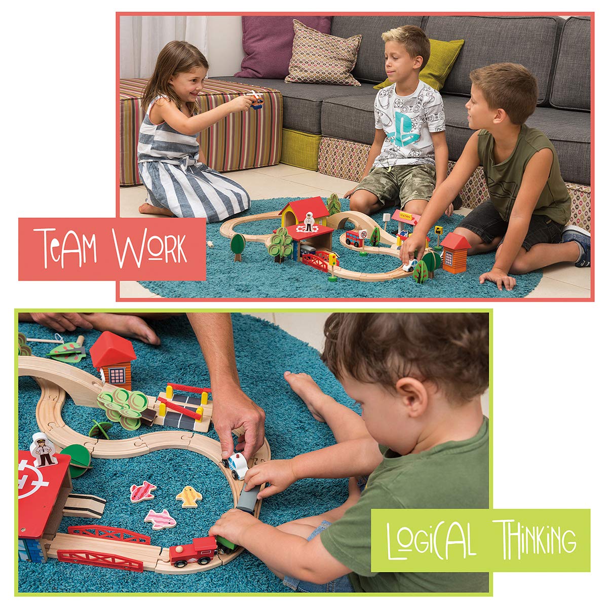 KipiPol Train Set - 69 Pieces Wooden Train Tracks & Trains for Kids, Toddler Boys and Girls 3,4,5 Years Old and Up– Premium Wood Construction Toys -Fits Thomas, Brio, IKEA, Melissa and Doug Kipipol