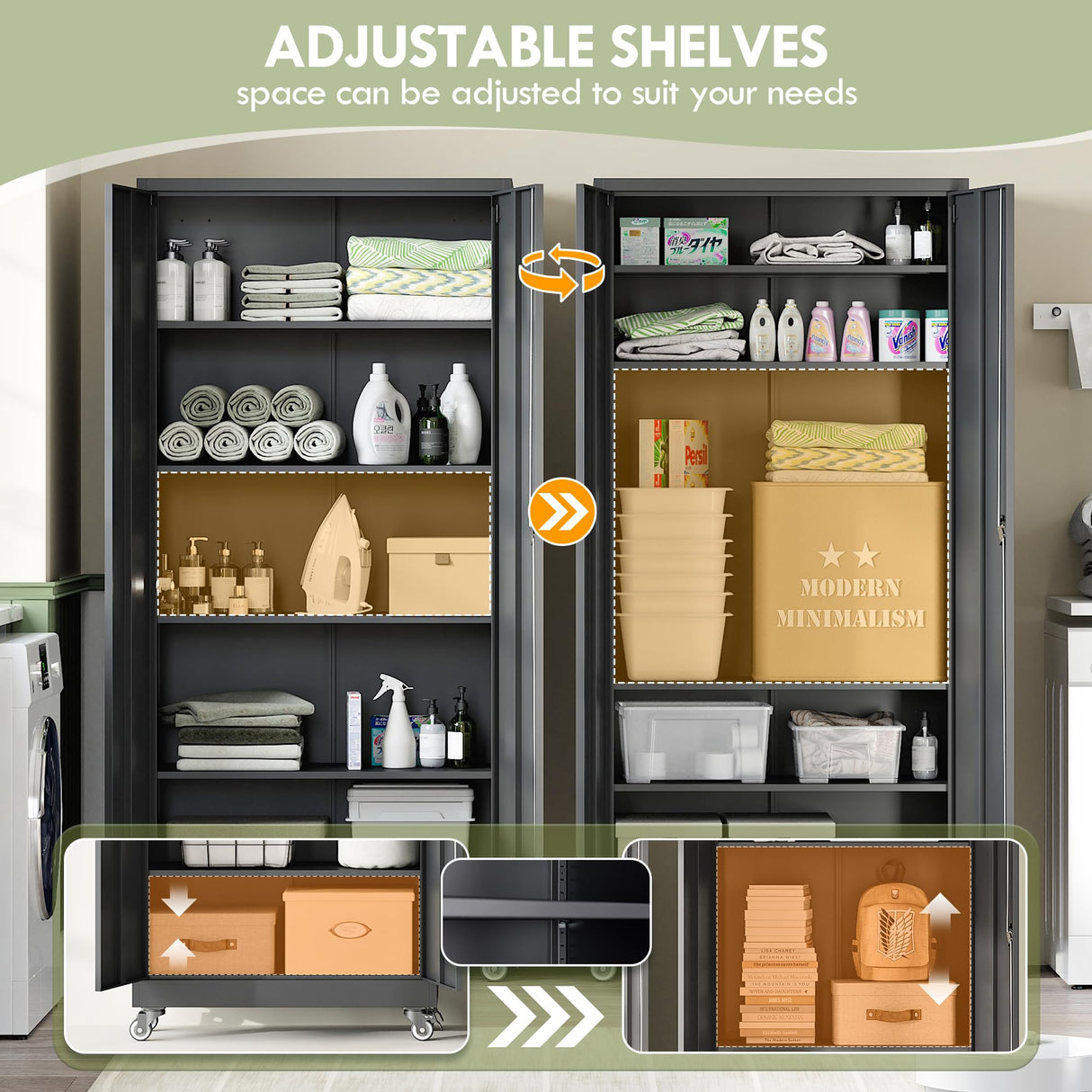 RAVIGIN Metal Garage Storage Cabinet with Wheels,73" H Locking Tool Cabinet with 2 Doors and 4 Adjustable Shelves Tall Cabinet for Garage, Heavy Duty File Cabinet for Office, School (Black) RAVIGIN