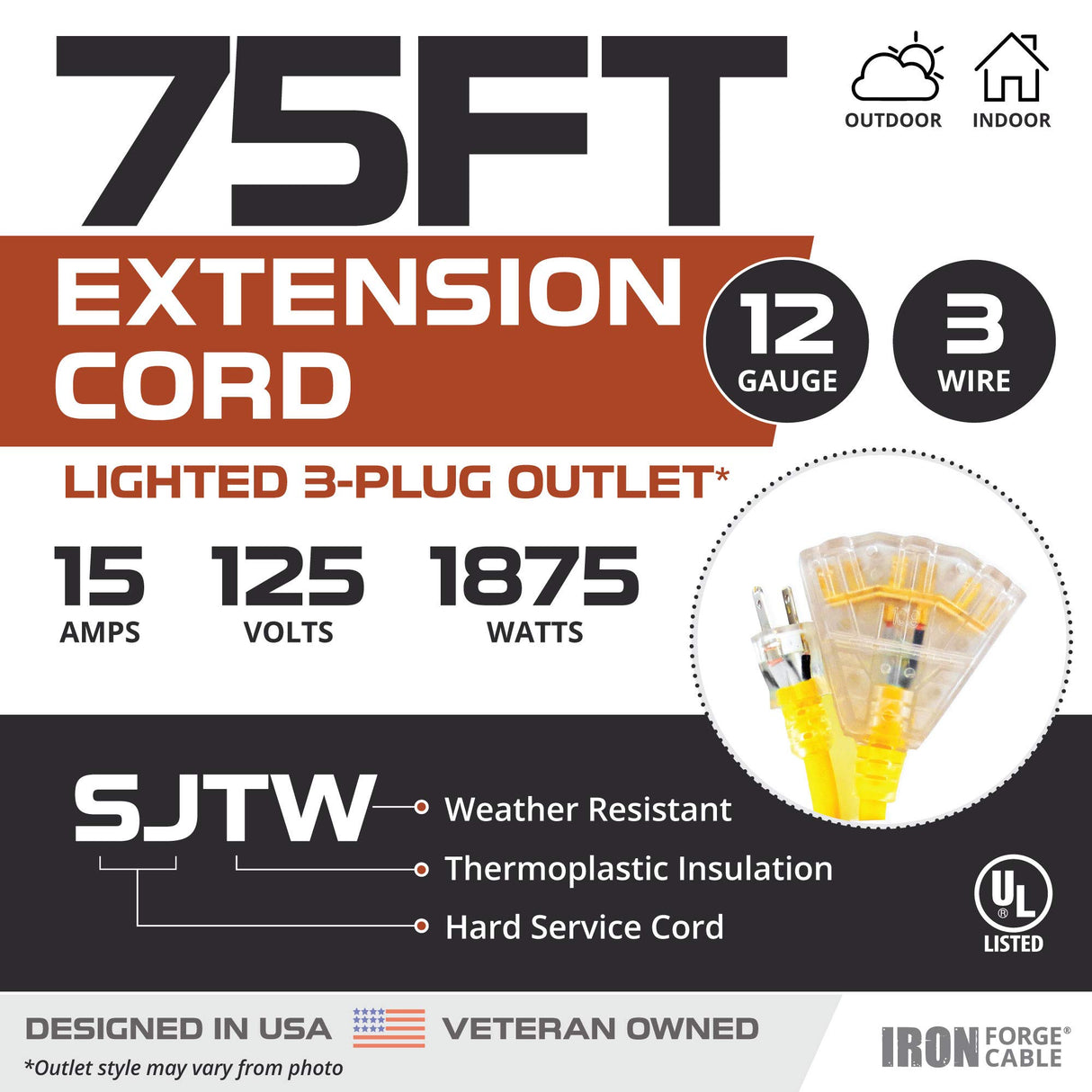 IRON FORGE CABLE 75 Foot Lighted Outdoor Extension Cord with 3 Electrical Power Outlets - 12/3 SJTW Heavy Duty Yellow Extension Cable with 3 Prong Grounded Plug for Safety, 15 AMP Iron Forge Cable