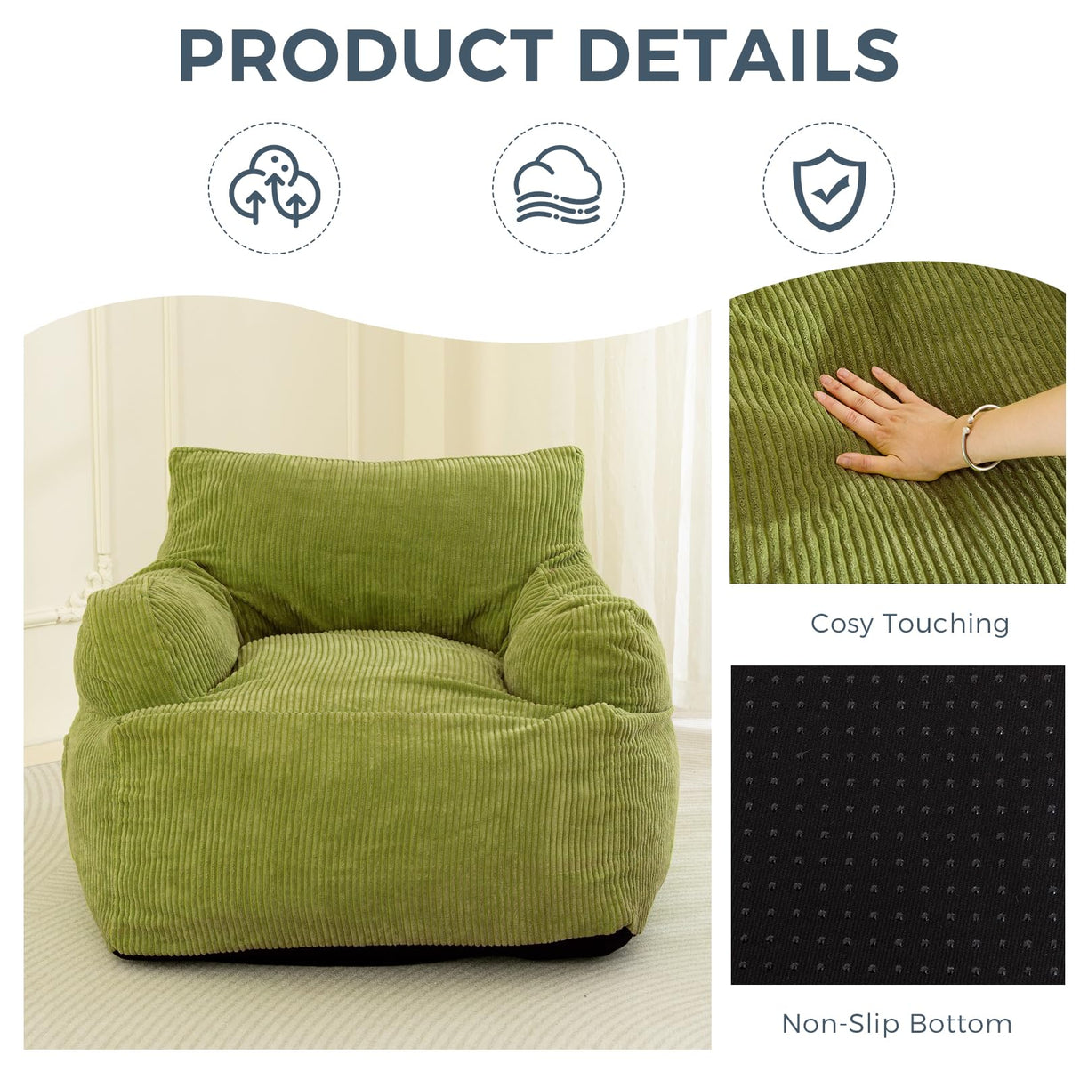 MAXYOYO Giant Bean Bag Chair, Stuffed Bean Bag Couch with Filler Large Living Room Bean Bag Chair for Adults, Big Lazy Sofa Accent Chair with Pocket Floor Chair for Gaming, Reading, Green MAXYOYO