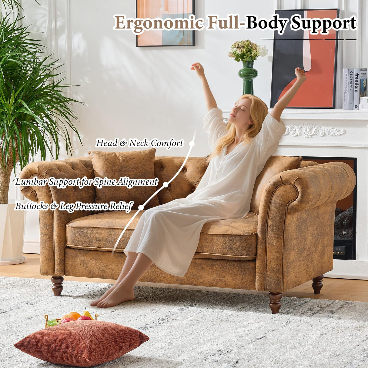 66" Chesterfield Tech Fabric Loveseat Sofa, High-Tech Fabric Upholstered Rolled Arm Couch, Tufted Mid Century Modern 2-Seater Sofa for Living Room, Office, Small Apartment,Brown TTK