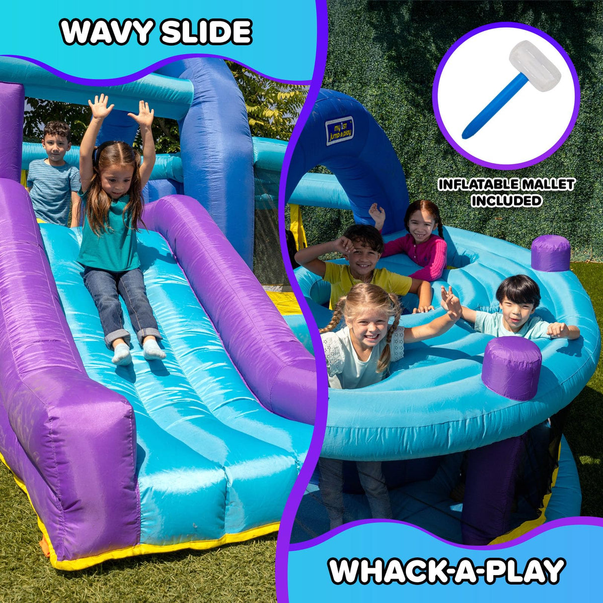 Sportspower INF-2415 Whack-A-Play Inflatable Bounce House with Basketball Hoop, Slide and Quick Inflate Blower: Recommended Age 3-8, Blue/Purple and Yellow, 13'x12'x7.83' Sportspower