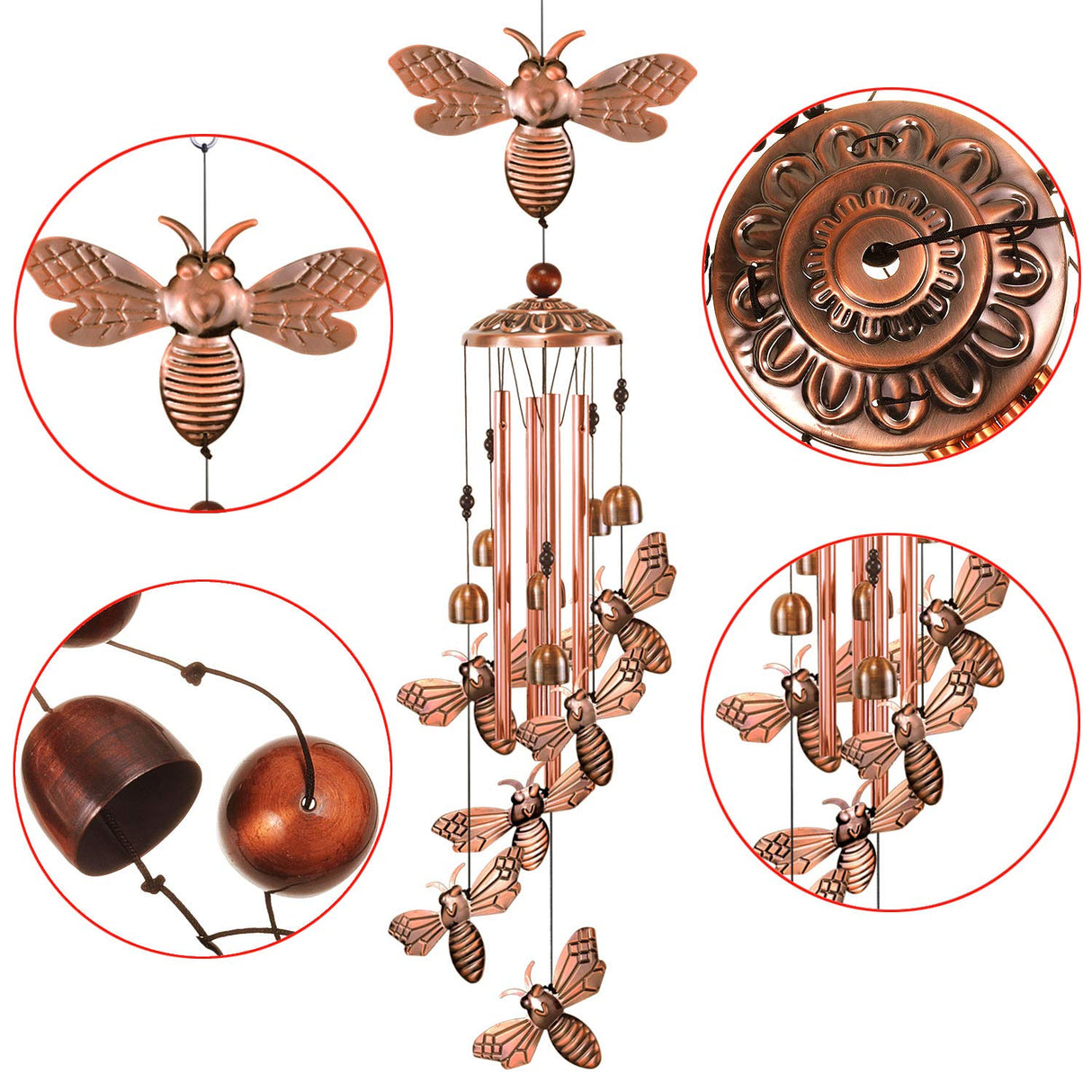 YMXBL Outdoor Wind Chime, Bee Wind Chimes Decoration, Bee Wind Bell Indoor Decor, Bees Windchime with 4 Tubes & 6 Bells, Bee Wind Catcher, Aluminum Bee Chime, Garden Mobile Wind Chime, Gifts for Mom YMXBL