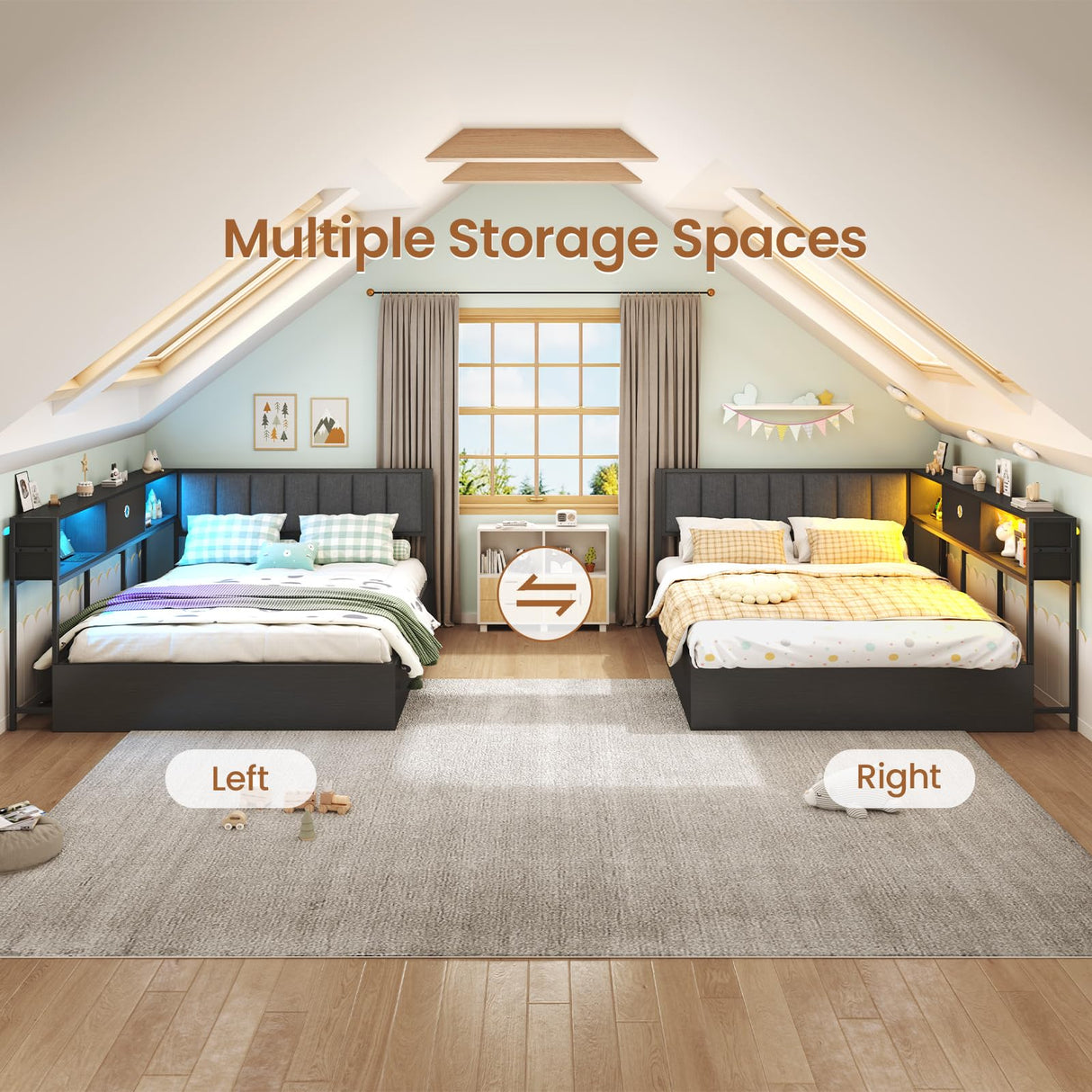 Hasuit Corner Full Lift Up Storage Bed Frame with Charging Station & LED Lights, Full Day Bed with Upholstered Headboard and Bookcase, Corner Beds with Hydraulic for Kids Teens Guests, Black Hasuit