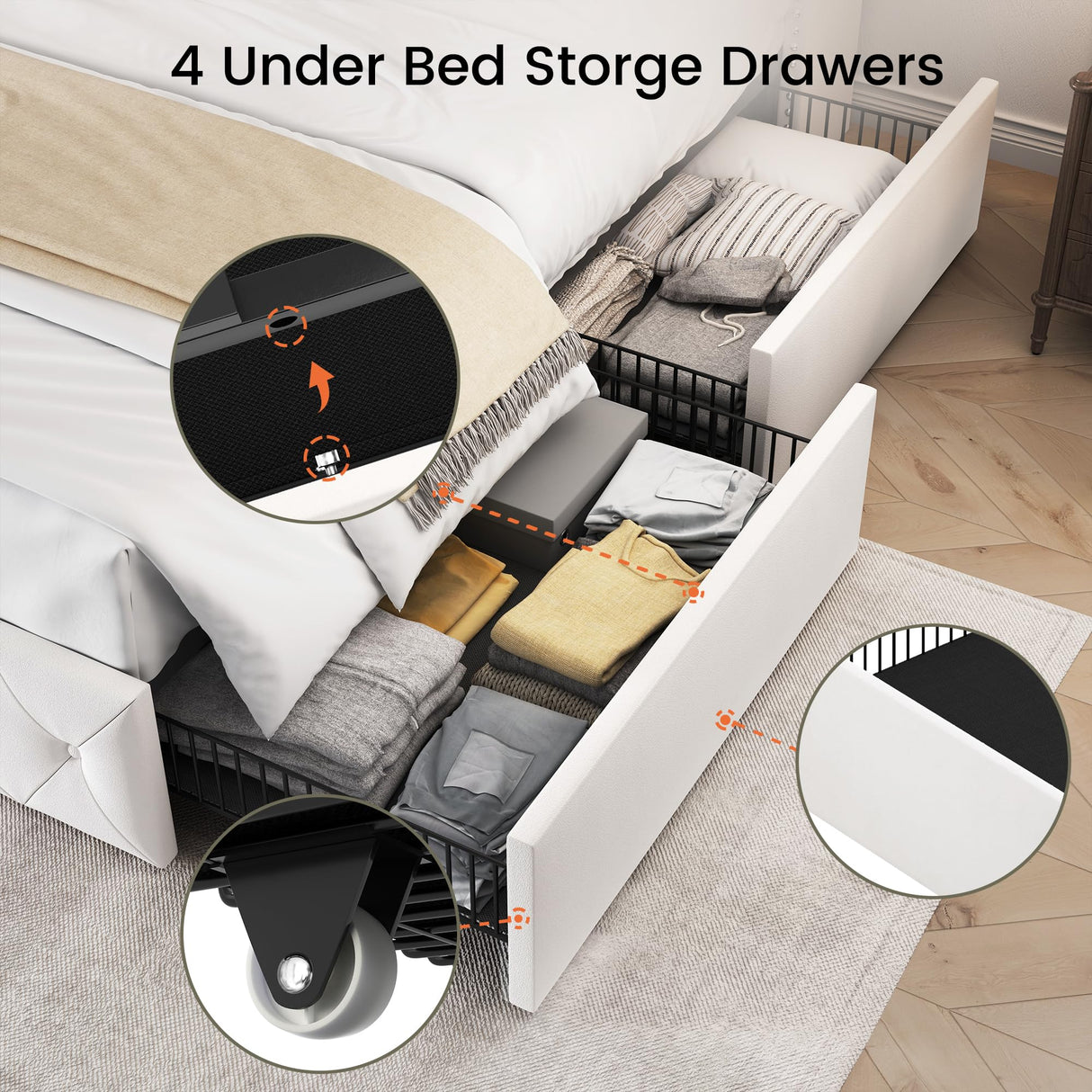 LARMACE Queen Size Bed Frame with 4 Storage Drawers and Wingback Headboard Velvet Upholstered Platform Bed Frame Tufted Beds with Wooden Slats Support, Easy Assembly, White LARMACE