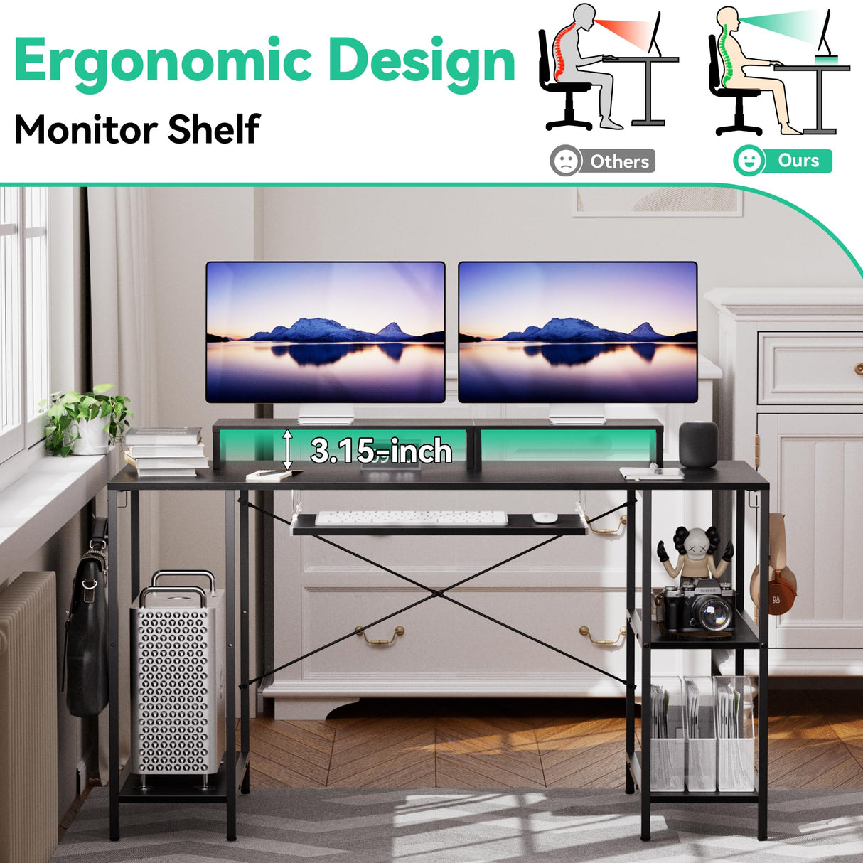 HYPIGO Workstation Desk with Keyboard Tray, 55 Inch Computer Desk with Storage Shelves Monitor Stands and 4 Iron Hooks, Industrial Desk for Home Office HYPIGO