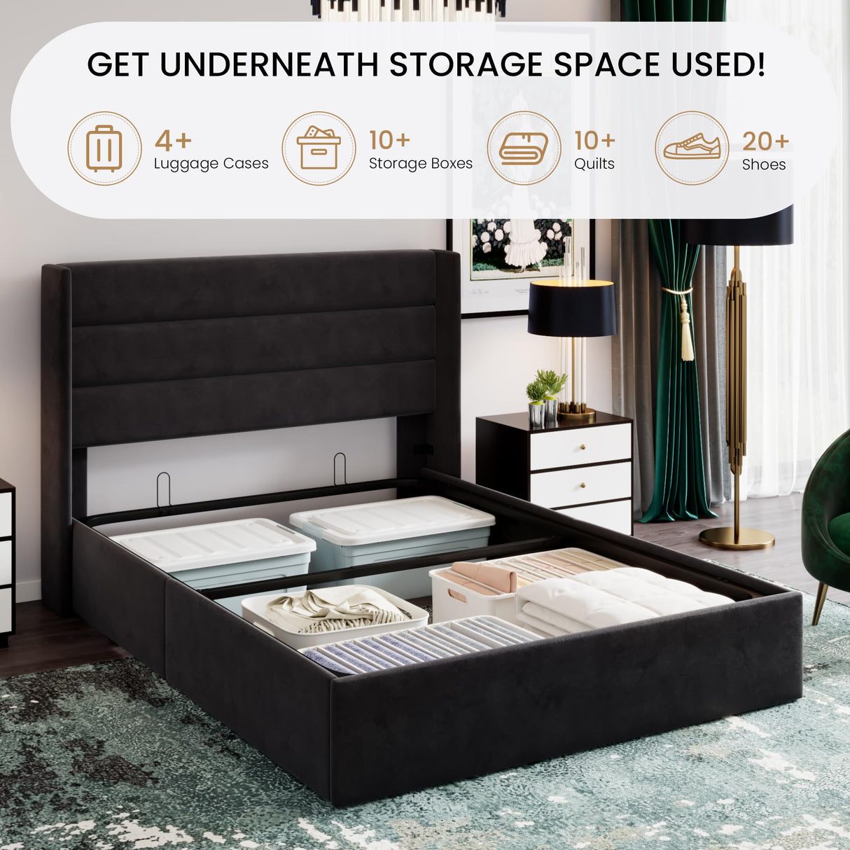 SHA CERLIN Full Size Lift Up Storage Bed/Velvet Upholstered/Modern Wingback Headboard/Upholstered Platform Bed Frame/Hydraulic Storage/No Box Spring Needed/Black SHA CERLIN