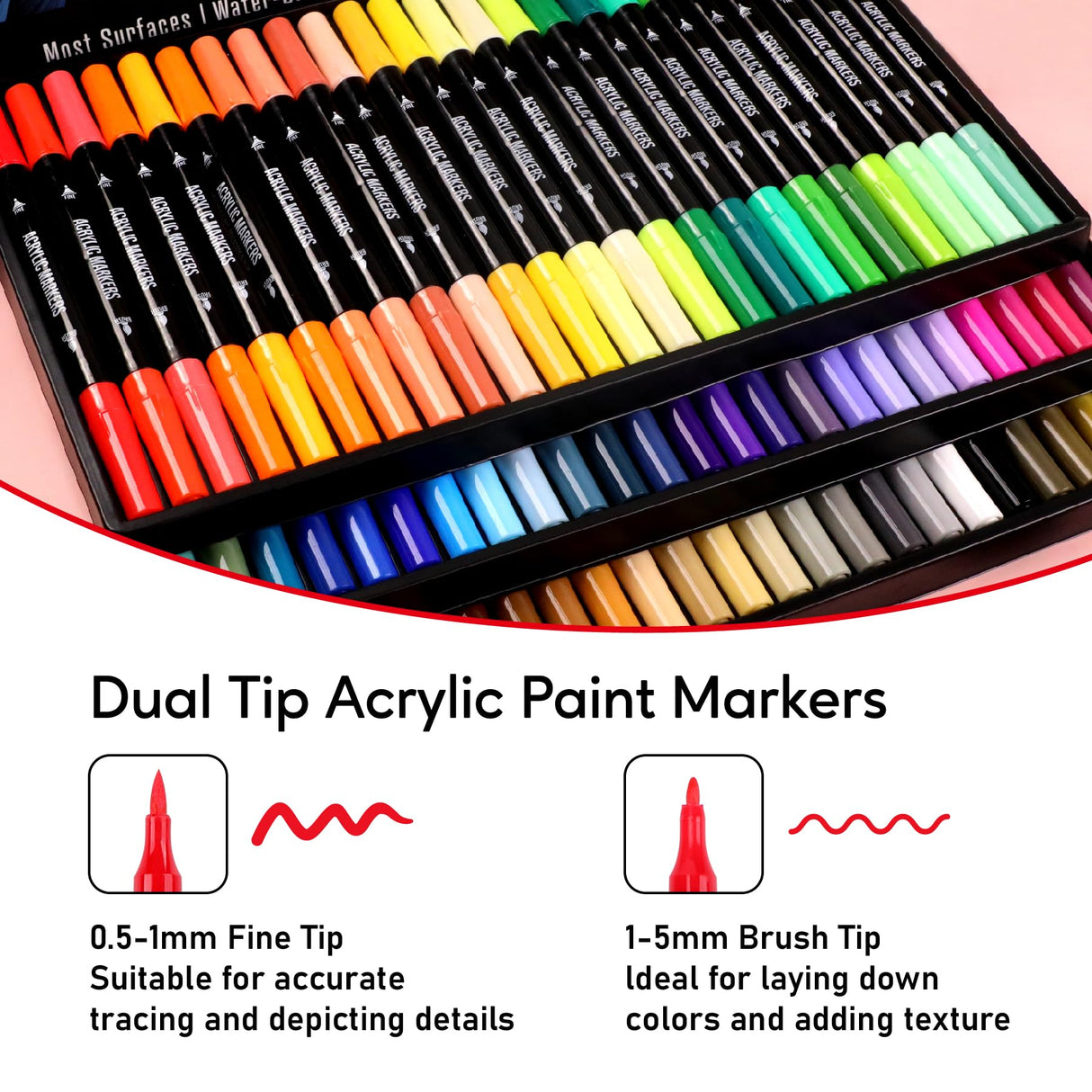 72 Colors Acrylic Paint Markers, Dual Tip with Fine Tip and Brush Tip Pens for Stone, Wood, Calligraphy, Canvas, Ceramic, Metal, Glass, Rock Painting, DIY Crafts Pagather