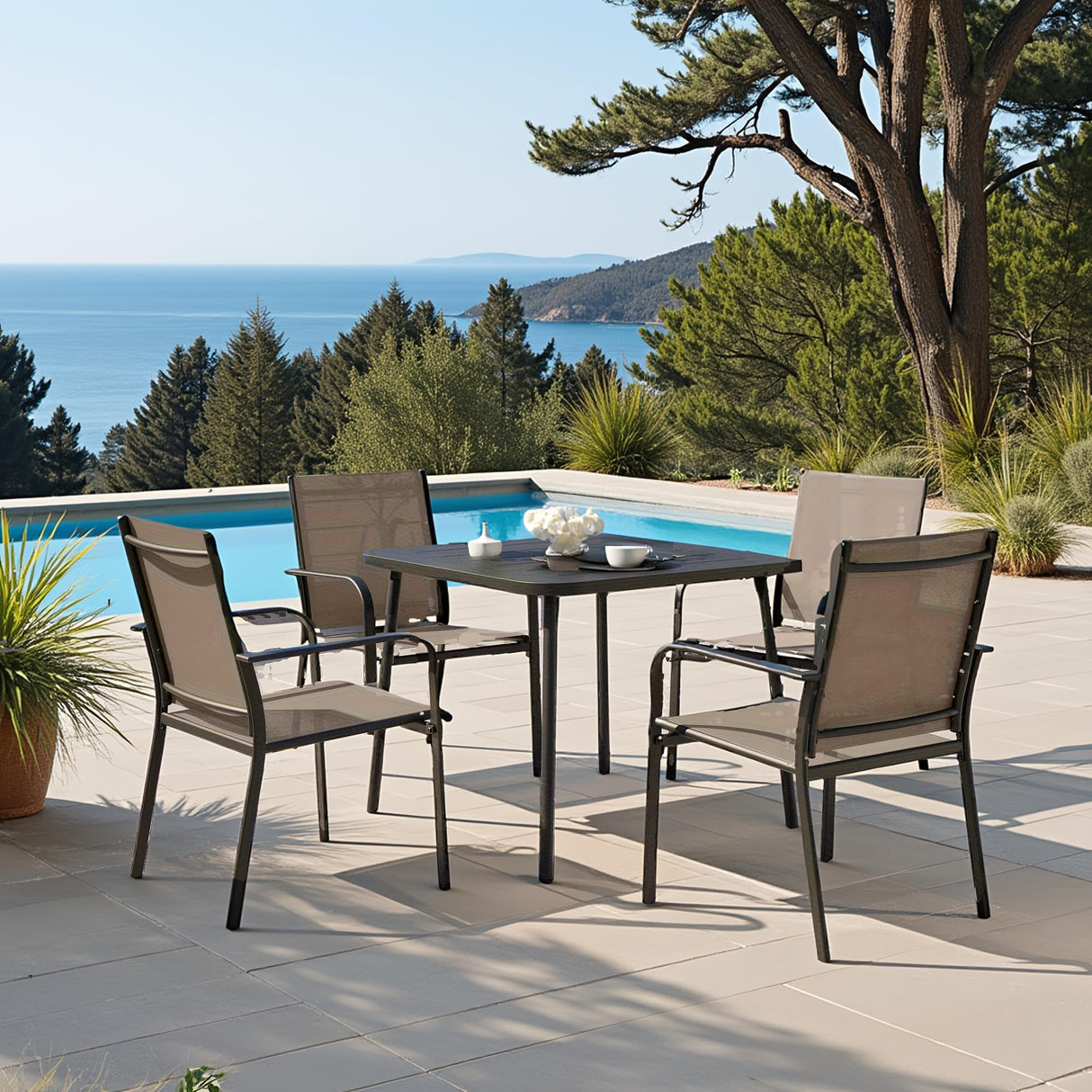 LAUSAINT HOME 5-Piece Outdoor Dining Set, Patio Furniture Set with Textilene Chairs and Square Metal Table, All-Weather Table and Chairs Set with Umbrella Hole for Backyard, Garden, and Poolside LAUSAINT HOME