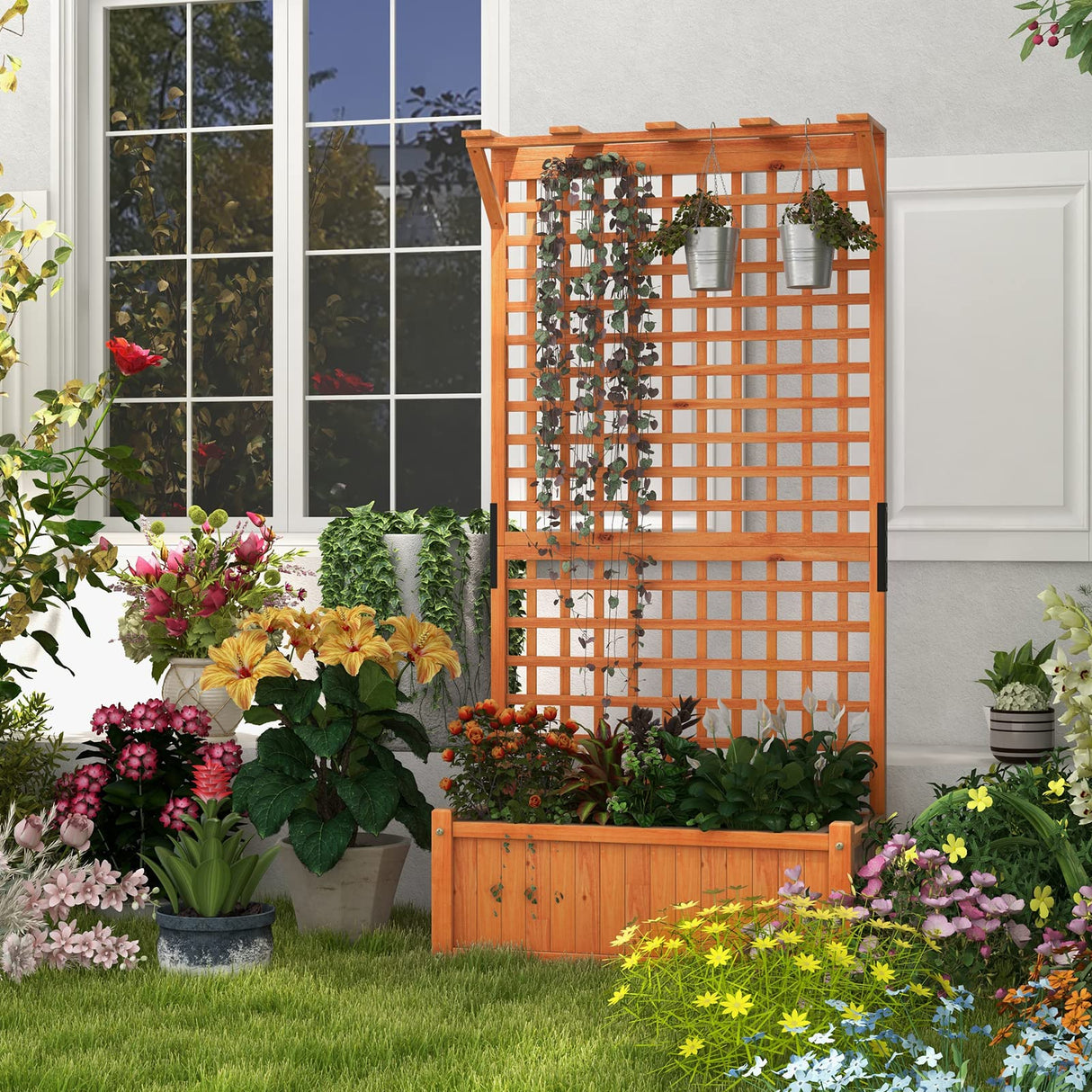 Giantex Raised Garden Bed with Trellis & Roof, 72.5" Wooden Garden Bed, High Trellis for Plant Flower Climbing Pot Hanging, Indoor & Outdoor Planter Box for Yard, Garden, Balcony Giantex