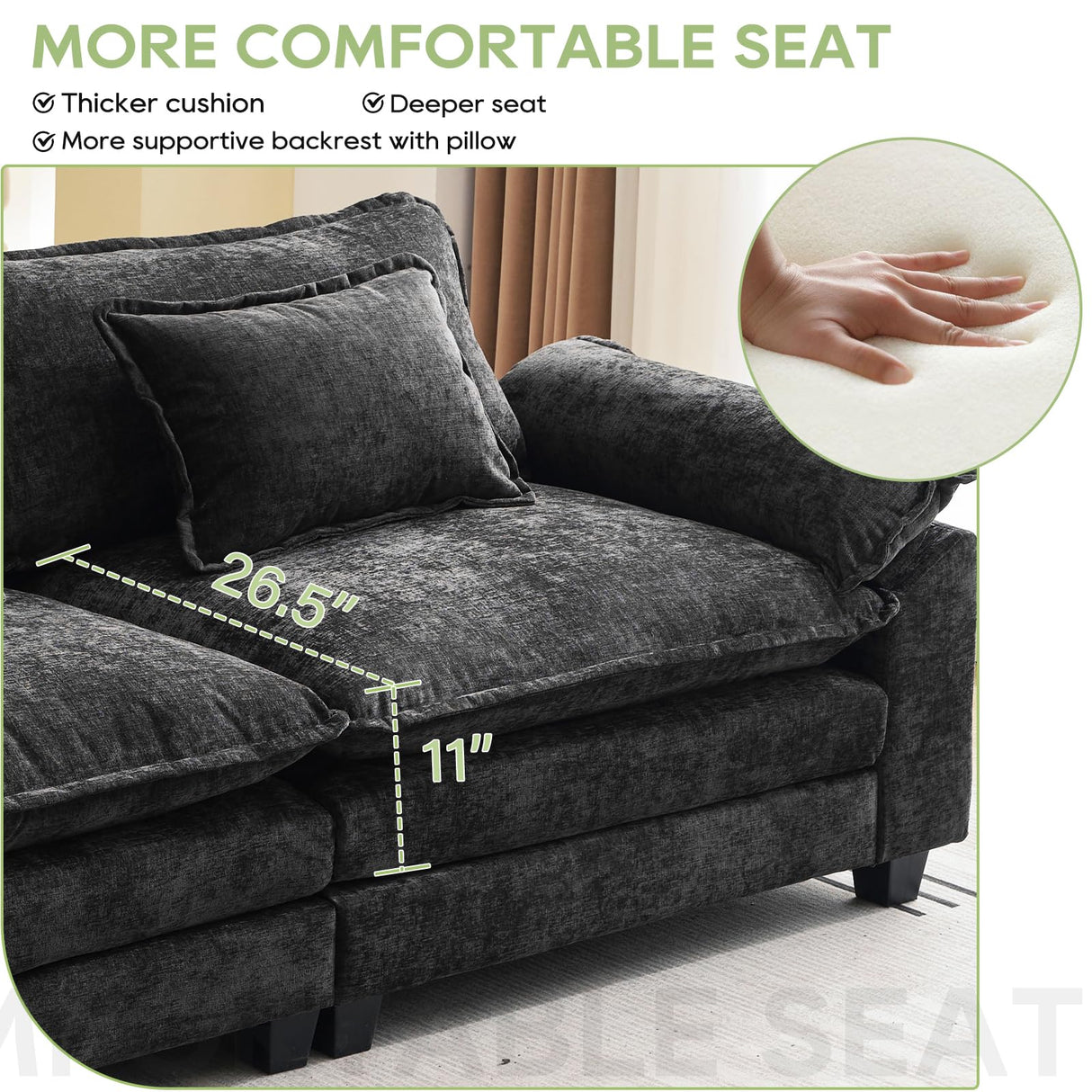 Oprisen Modular Sectional Sofa, Comfy Cloud Couch Sectional Sofa with Ottoman, Chenille Sofa Sleeper Deep Seat Sofa with Throw Pillows for Living Room (Black, 86"- L Shape) Oprisen