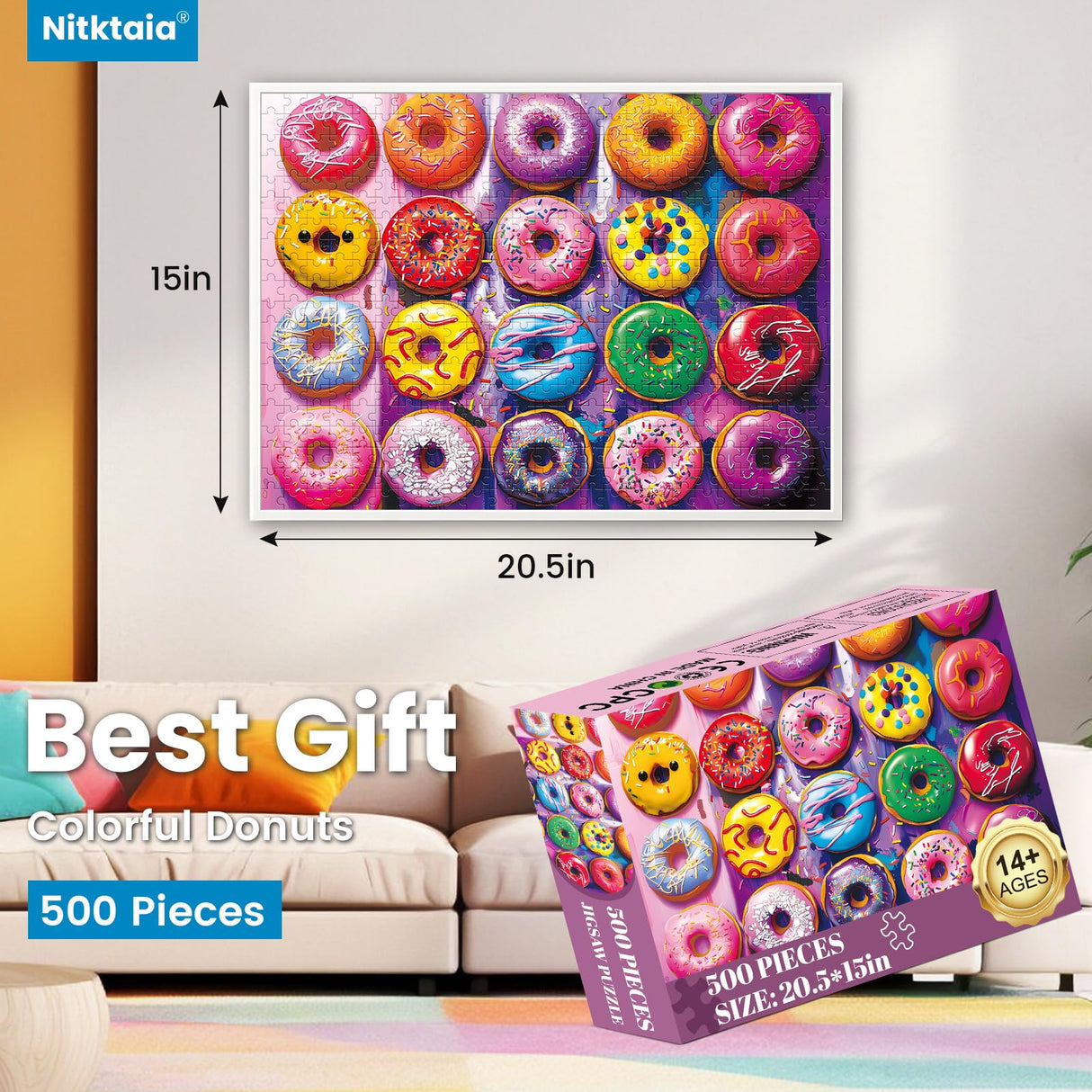 500 Pieces Puzzles for Adults–Colorful Donuts Puzzle for Adults Children Elderly–Recycled Paper Jigsaw Puzzle 500 Pieces–Glossy, Sturdy Pieces Challenging Family Game Great Gift Idea (20.5x15in) Nitktaia